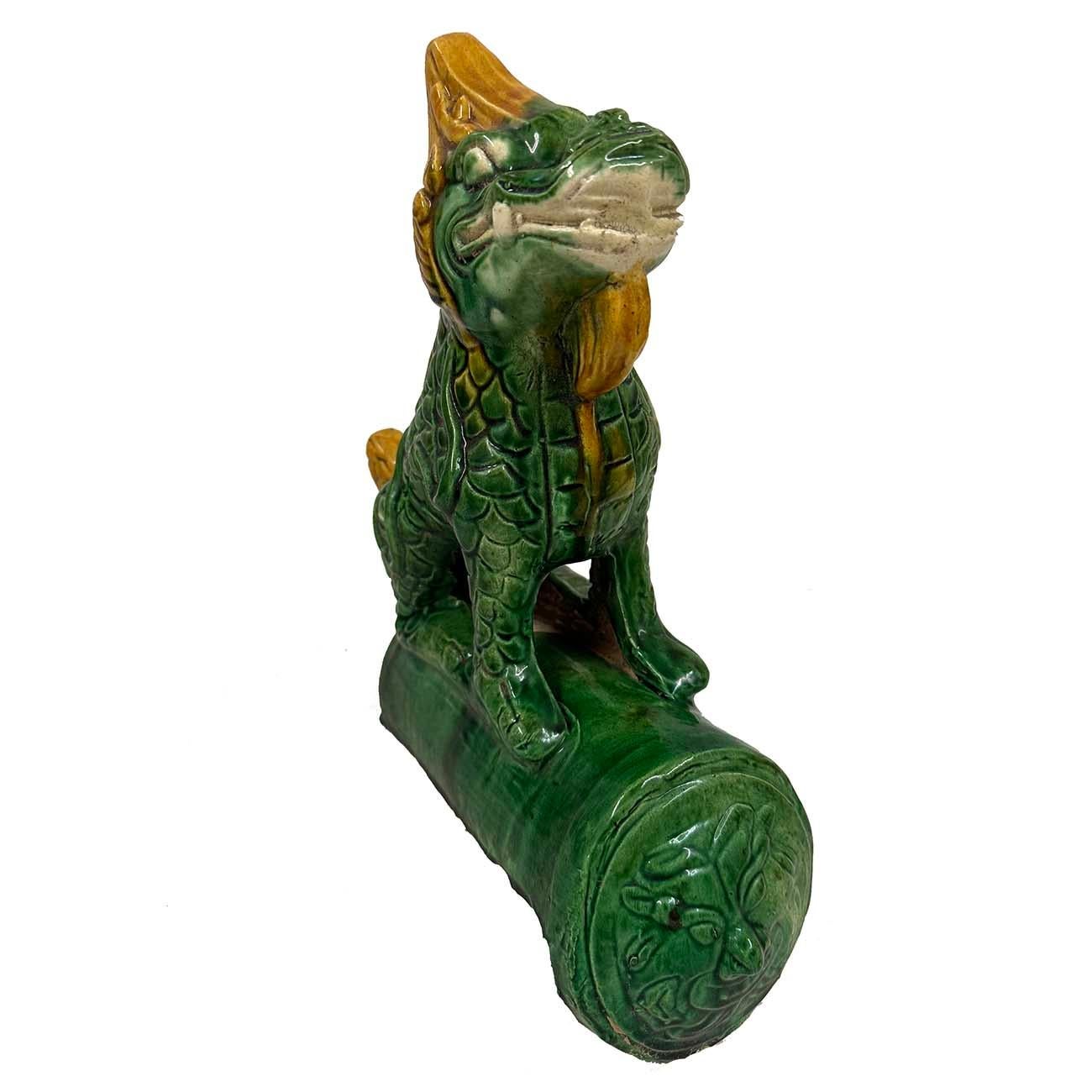 Chinese Export Early 20th Century Chinese Tri Color Glazed Ceramic Dragon Roof Tile For Sale