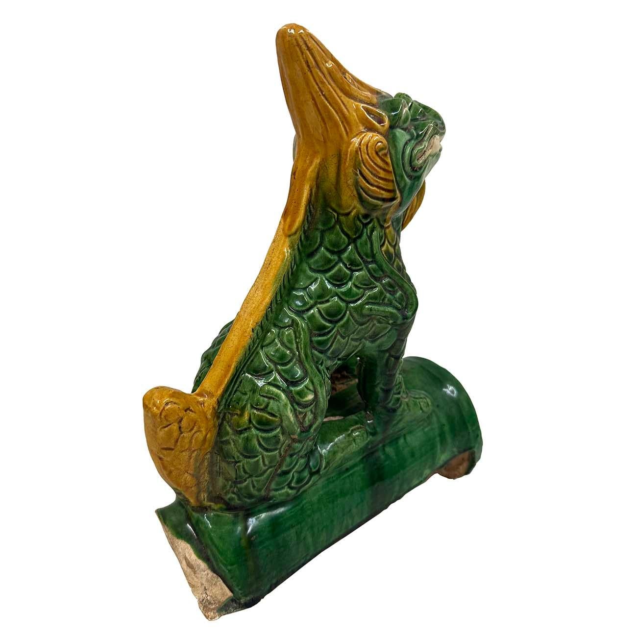 Early 20th Century Chinese Tri Color Glazed Ceramic Dragon Roof Tile For Sale 1