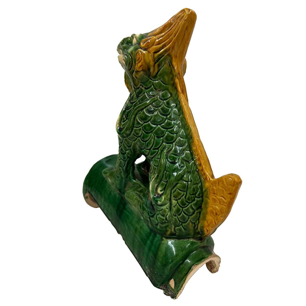 Early 20th Century Chinese Tri Color Glazed Ceramic Dragon Roof Tile For Sale 2