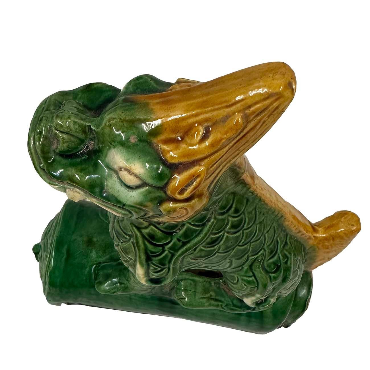 Early 20th Century Chinese Tri Color Glazed Ceramic Dragon Roof Tile For Sale 3