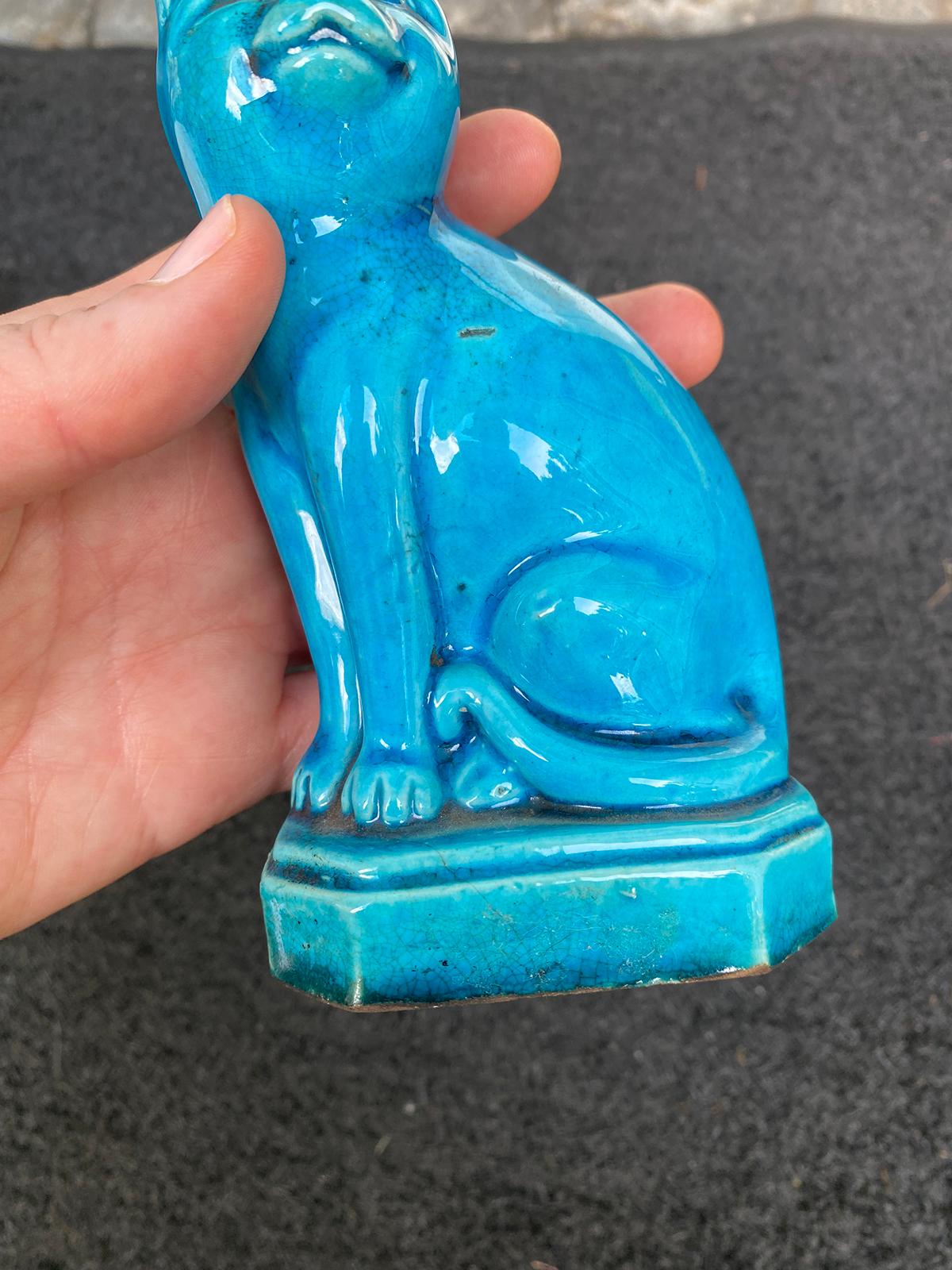 Early 20th Century Chinese Turquoise Blue Glazed Cat, Impressed 'China' Mark 3