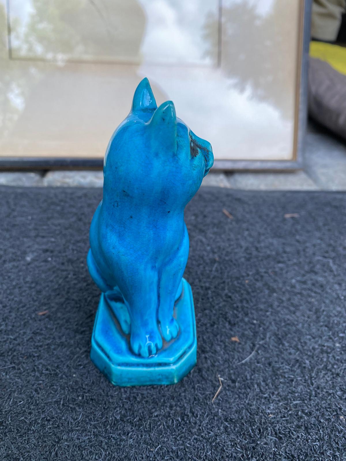 Early 20th Century Chinese Turquoise Blue Glazed Cat, Impressed 'China' Mark In Good Condition In Atlanta, GA