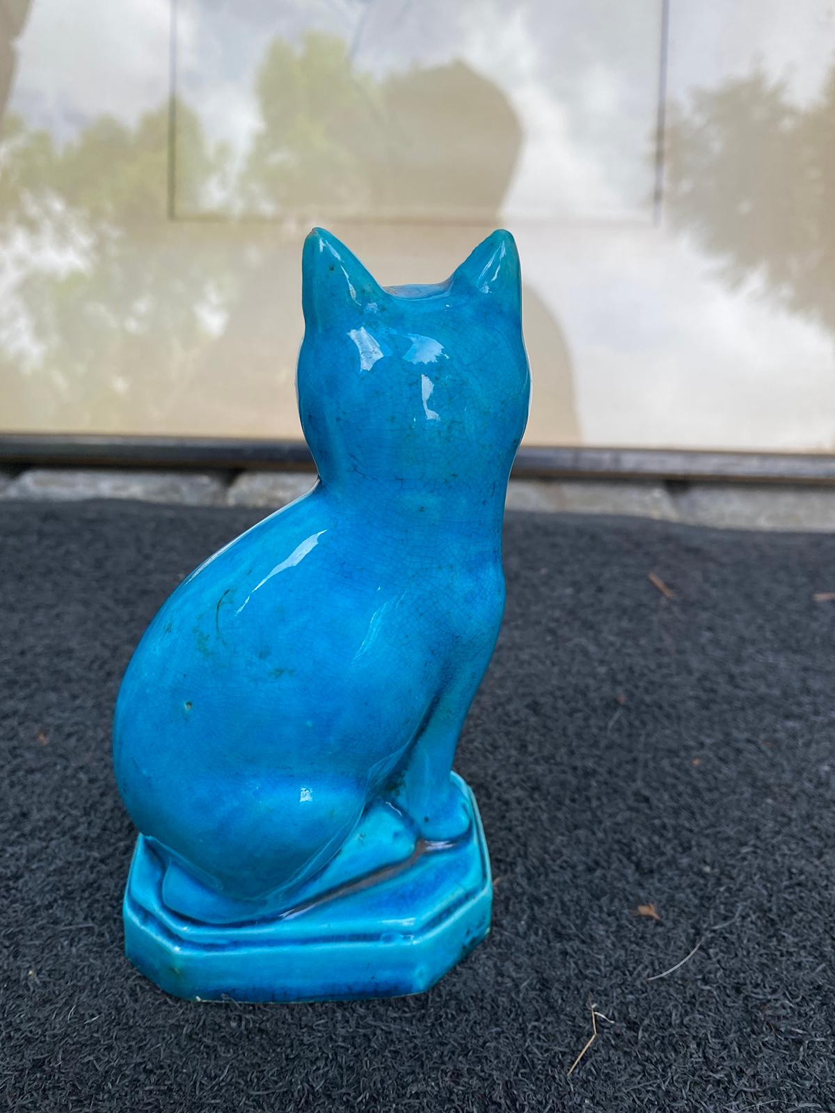 Porcelain Early 20th Century Chinese Turquoise Blue Glazed Cat, Impressed 'China' Mark