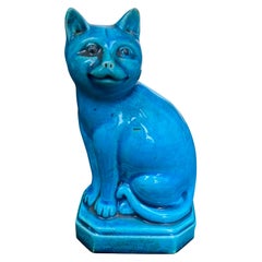 Antique Early 20th Century Chinese Turquoise Blue Glazed Cat, Impressed 'China' Mark