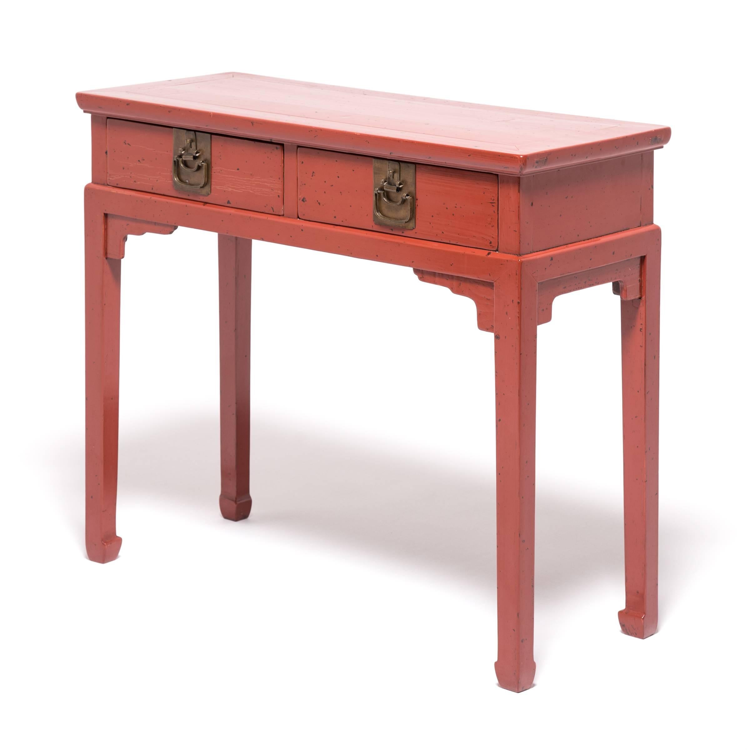 Lacquer not only enhances furniture with its gloss and vibrant color, the resin coating made from the sap of the Rhus verniciflua tree acts as a kind of natural coating, resistant to water, acid, and heat. Tinted red with the addition of cinnabar,