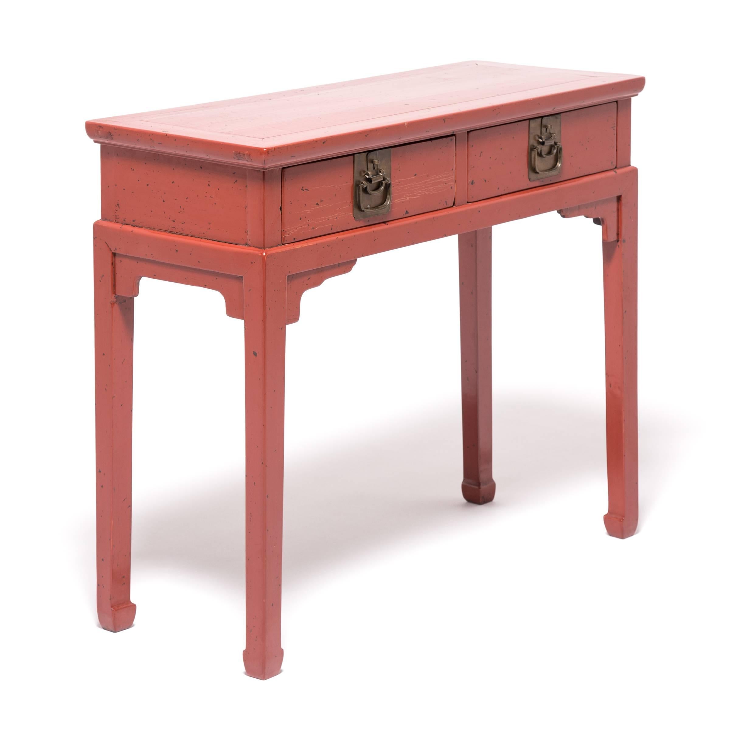 Early 20th Century Chinese Two-Drawer Red Lacquered Table In Good Condition In Chicago, IL