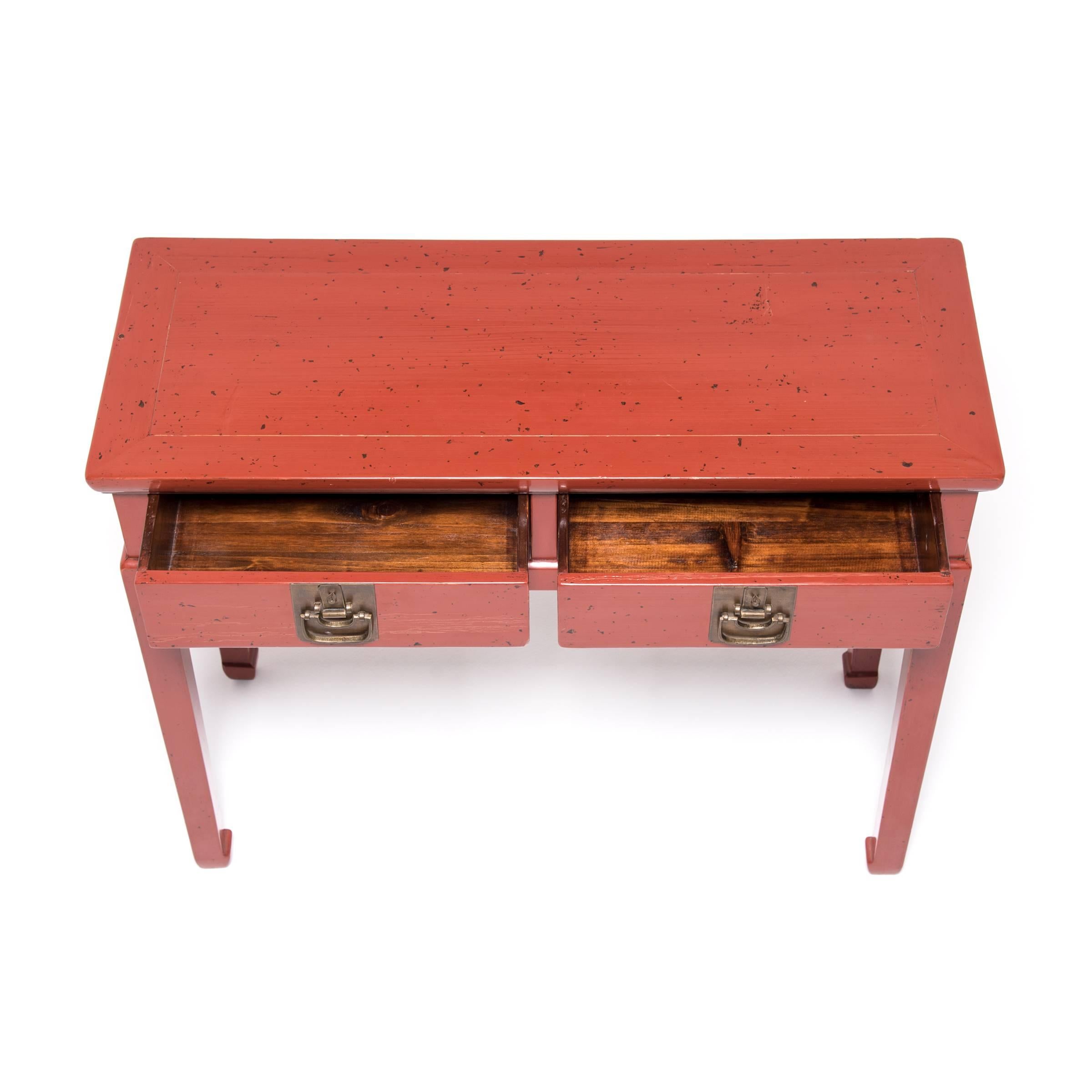 Brass Early 20th Century Chinese Two-Drawer Red Lacquered Table