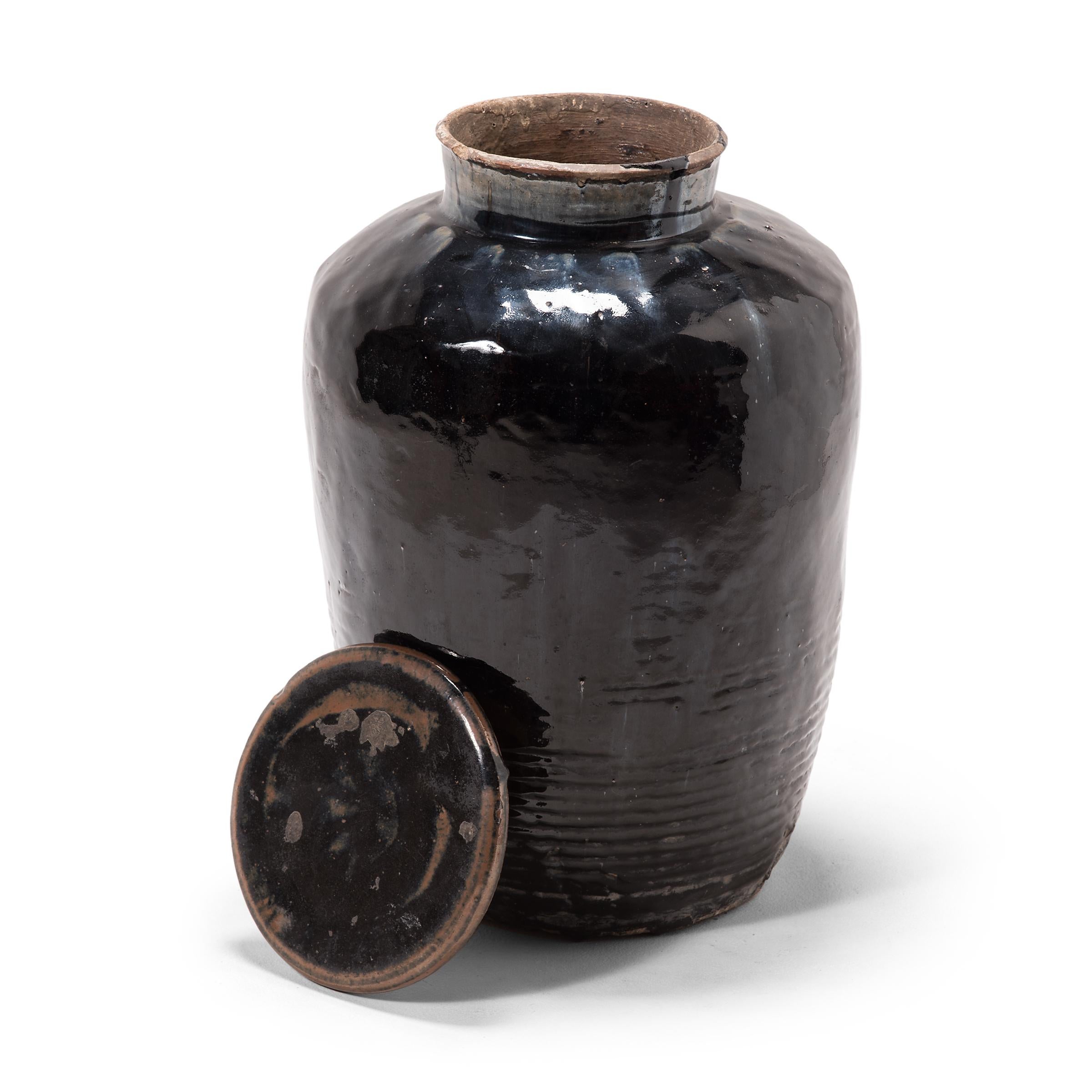 Glazed Early 20th Century Chinese Vinegar Jar with Lid