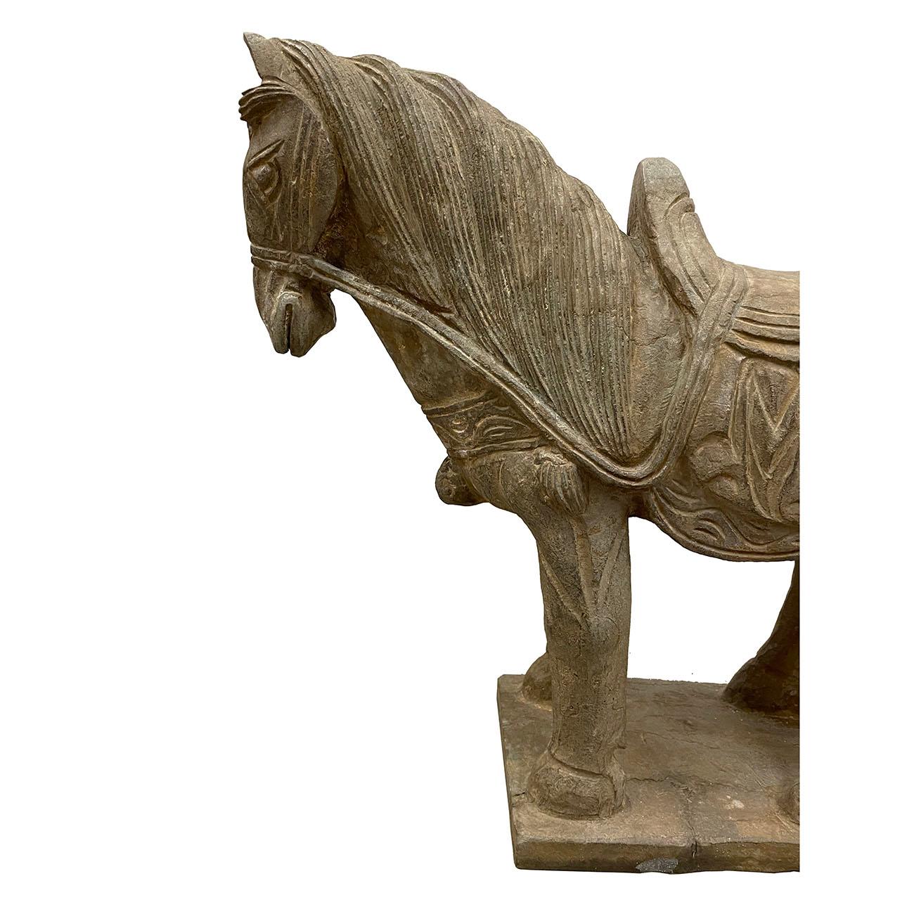 This vintage Chinese noble steed horse sculpture is hand craft with exquisite detail which was very common in horse sculptures crafted during the Tang Dynasty. Especially for imperial family use. This sculpture is replica from early 20th Century