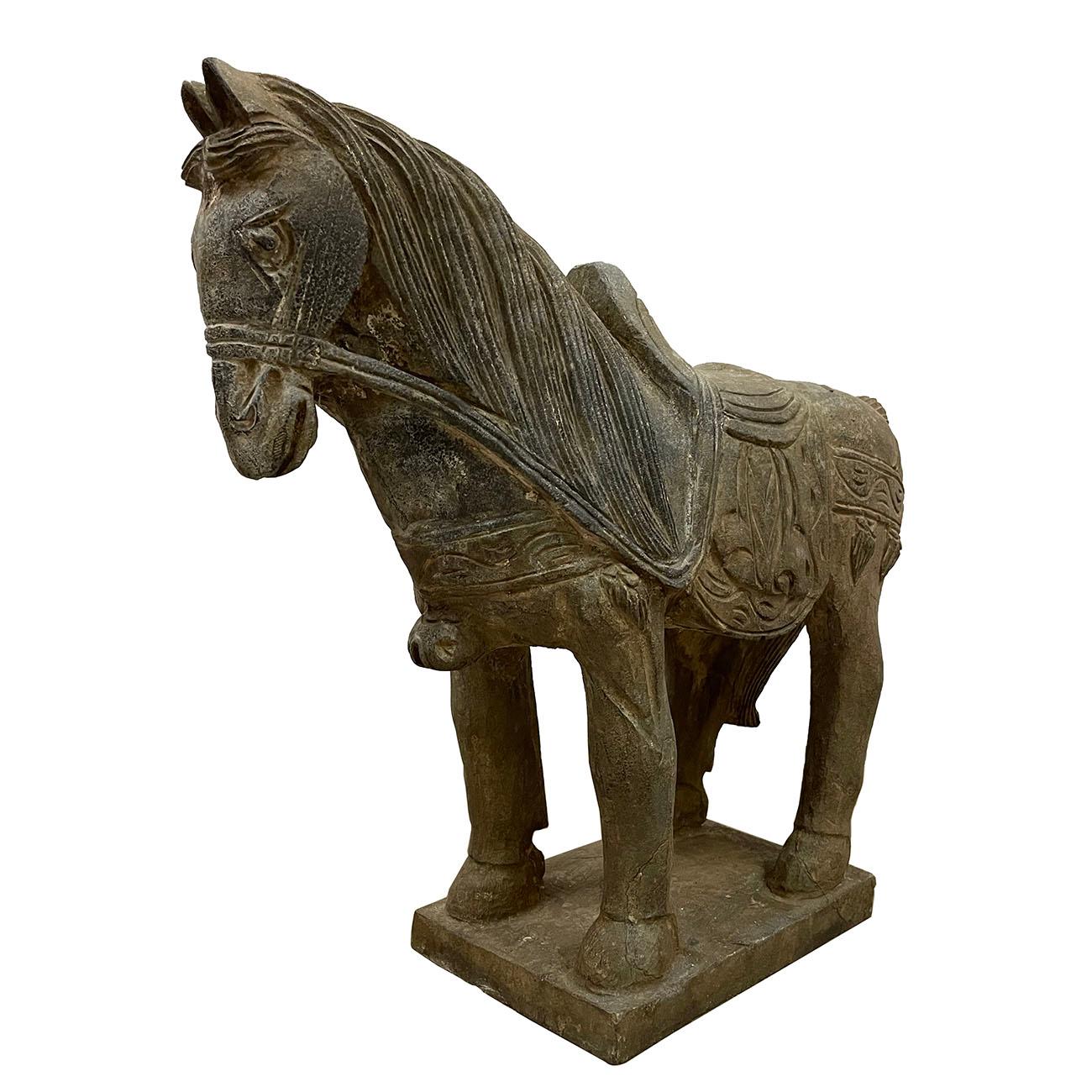 This vintage Chinese noble steed horse sculpture is hand craft with exquisite detail which was very common in horse sculptures crafted during the Tang Dynasty. Especially for imperial family use. This sculpture is replica from early 20th Century