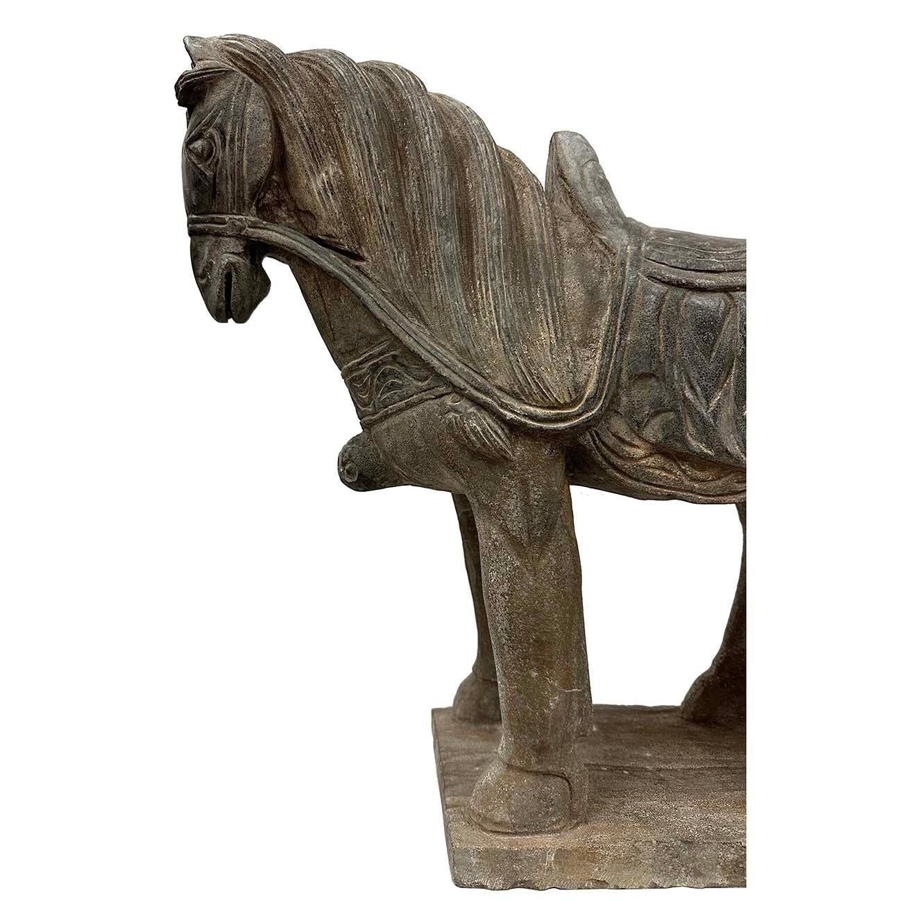 This vintage Chinese noble steed horse sculpture is hand craft with exquisite detail which was very common in horse sculptures crafted during the Tang Dynasty. Especially for imperial family use. This sculpture is replica from early 20th Century