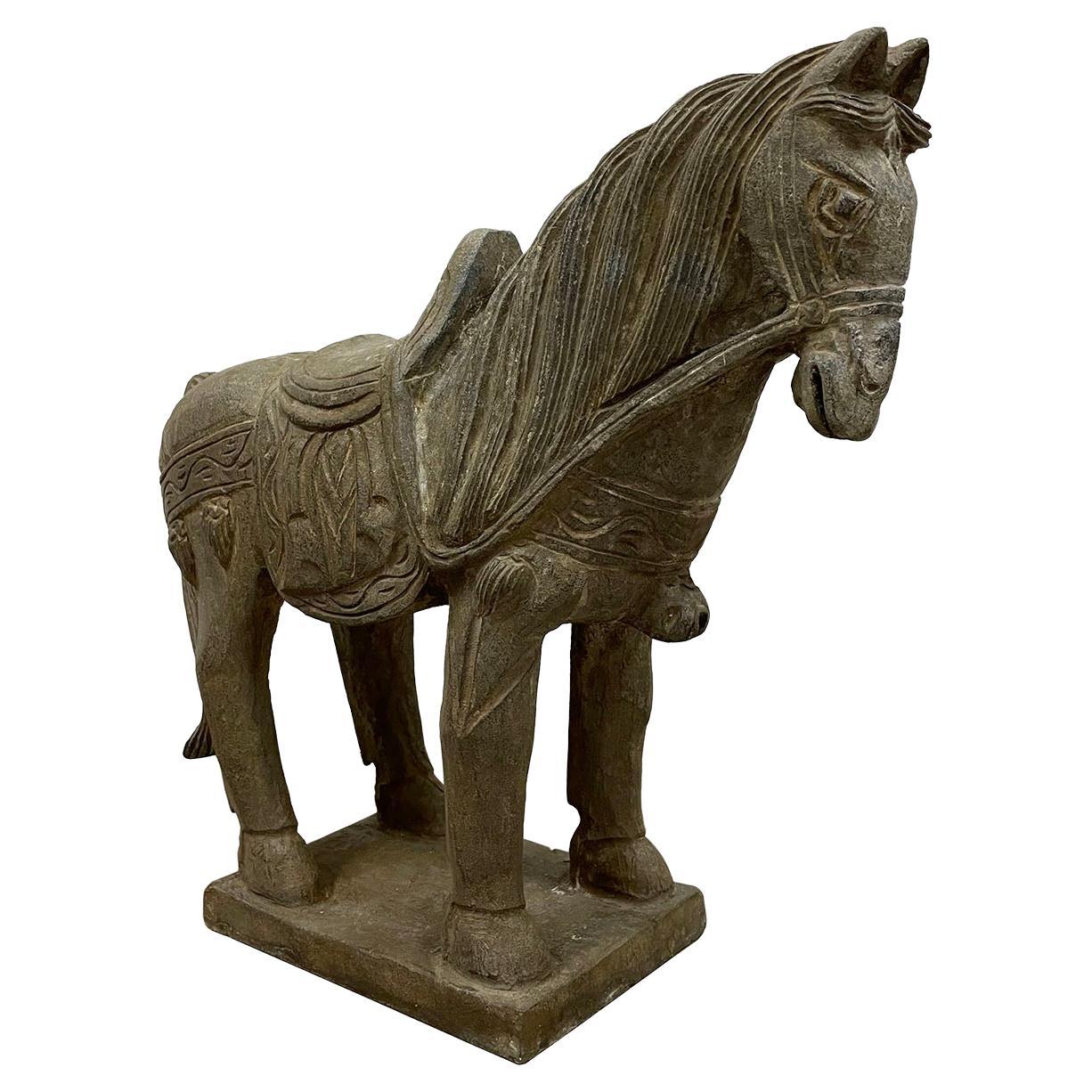 Statue/sculpture de cheval en pierre sculptée chinoise du début du 20e siècle