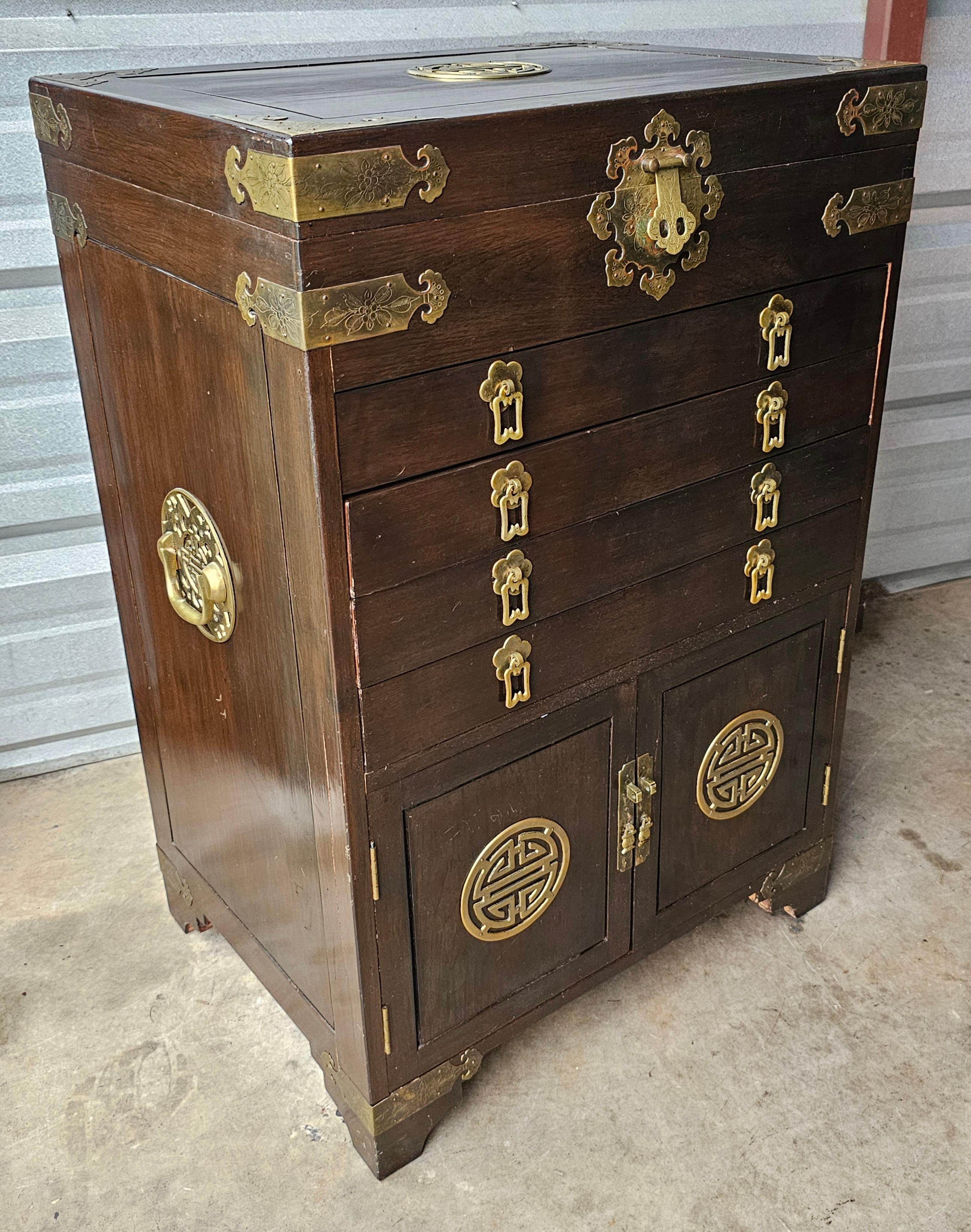 Early 20th Century Chinese Walnut Brass Mounted Hardwood Silver / Jewel Chest For Sale 4