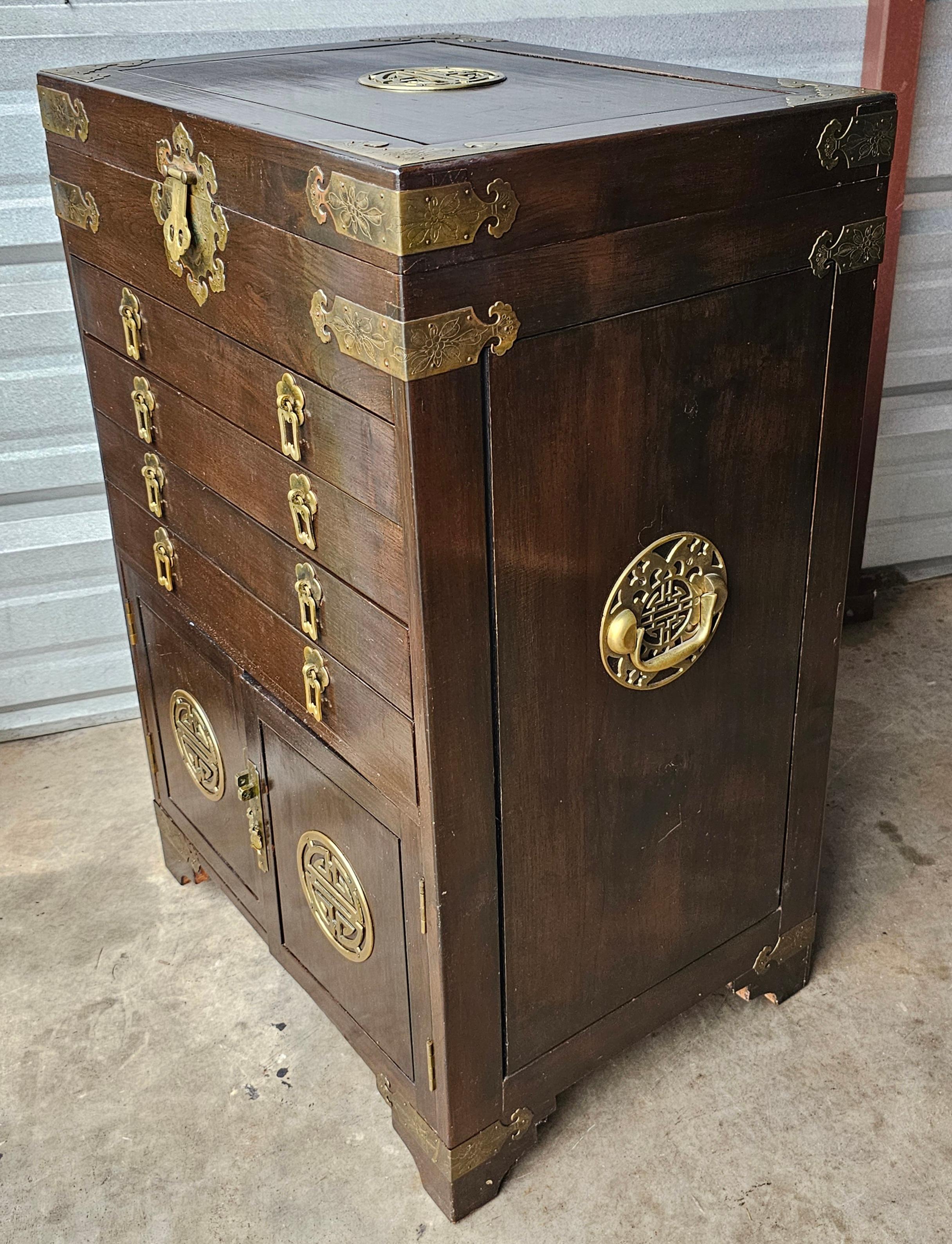 Early 20th Century Chinese Walnut Brass Mounted Hardwood Silver / Jewel Chest For Sale 5