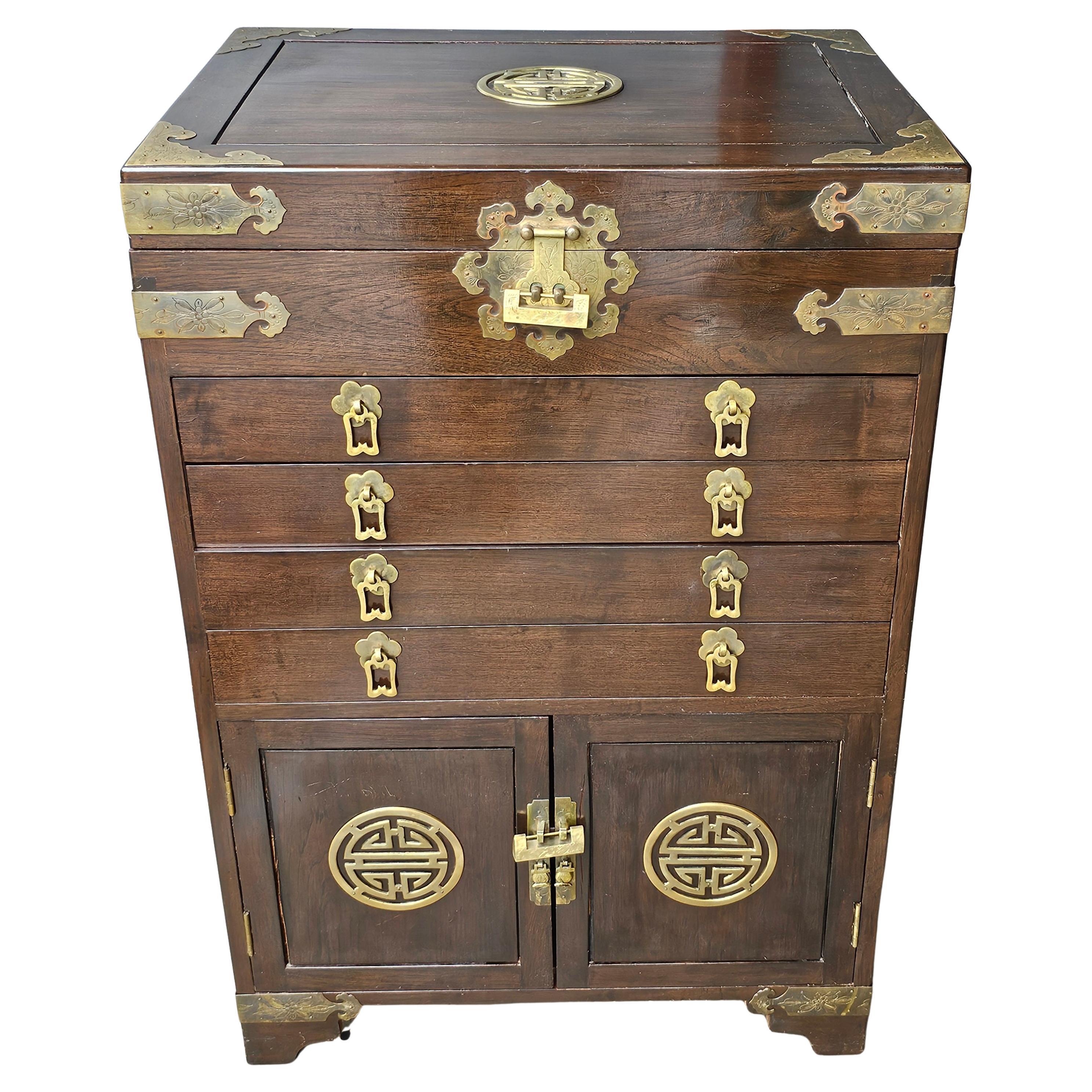 Chinese Export Early 20th Century Chinese Walnut Brass Mounted Hardwood Silver / Jewel Chest For Sale