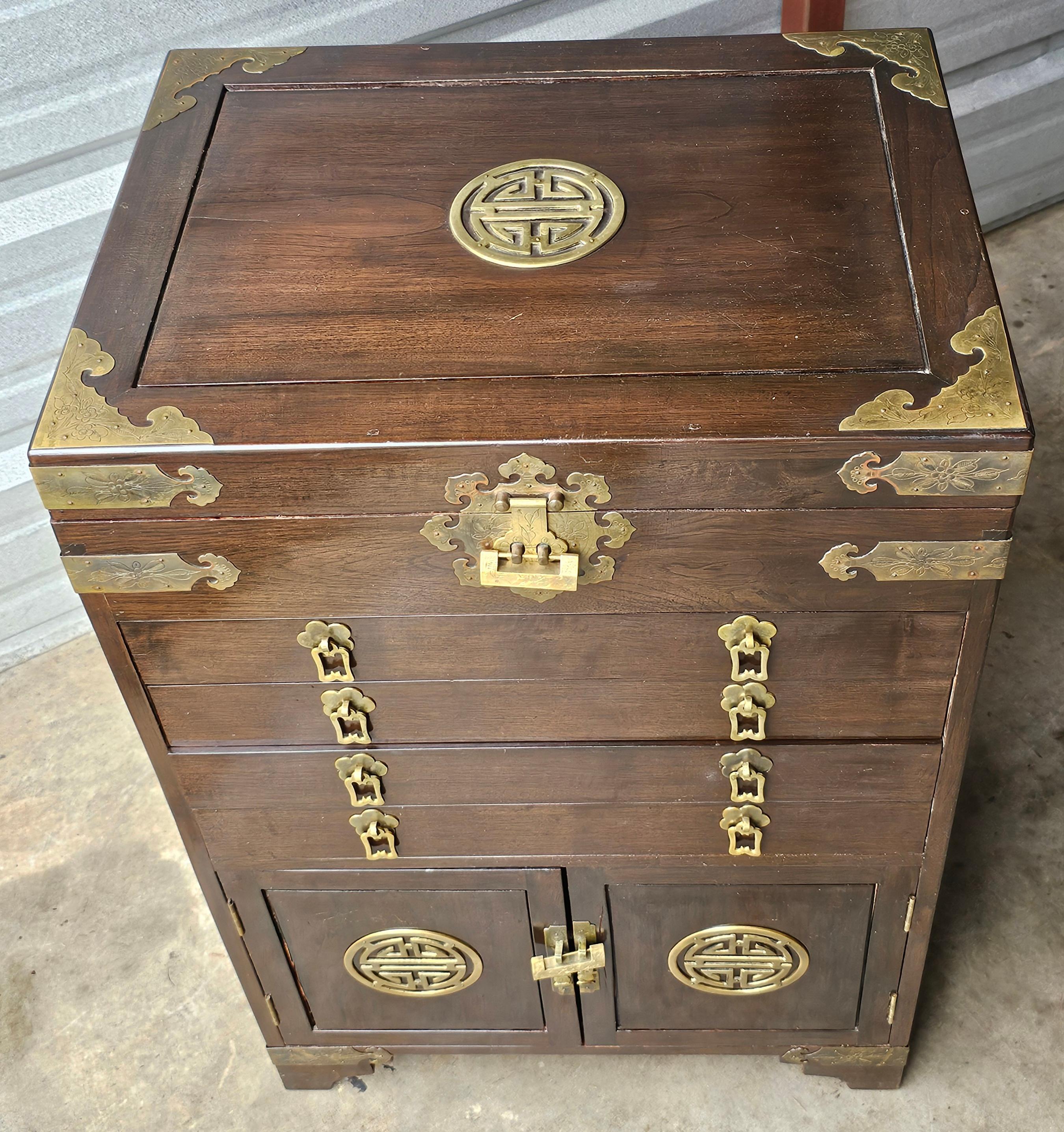 Hong Kong Early 20th Century Chinese Walnut Brass Mounted Hardwood Silver / Jewel Chest For Sale