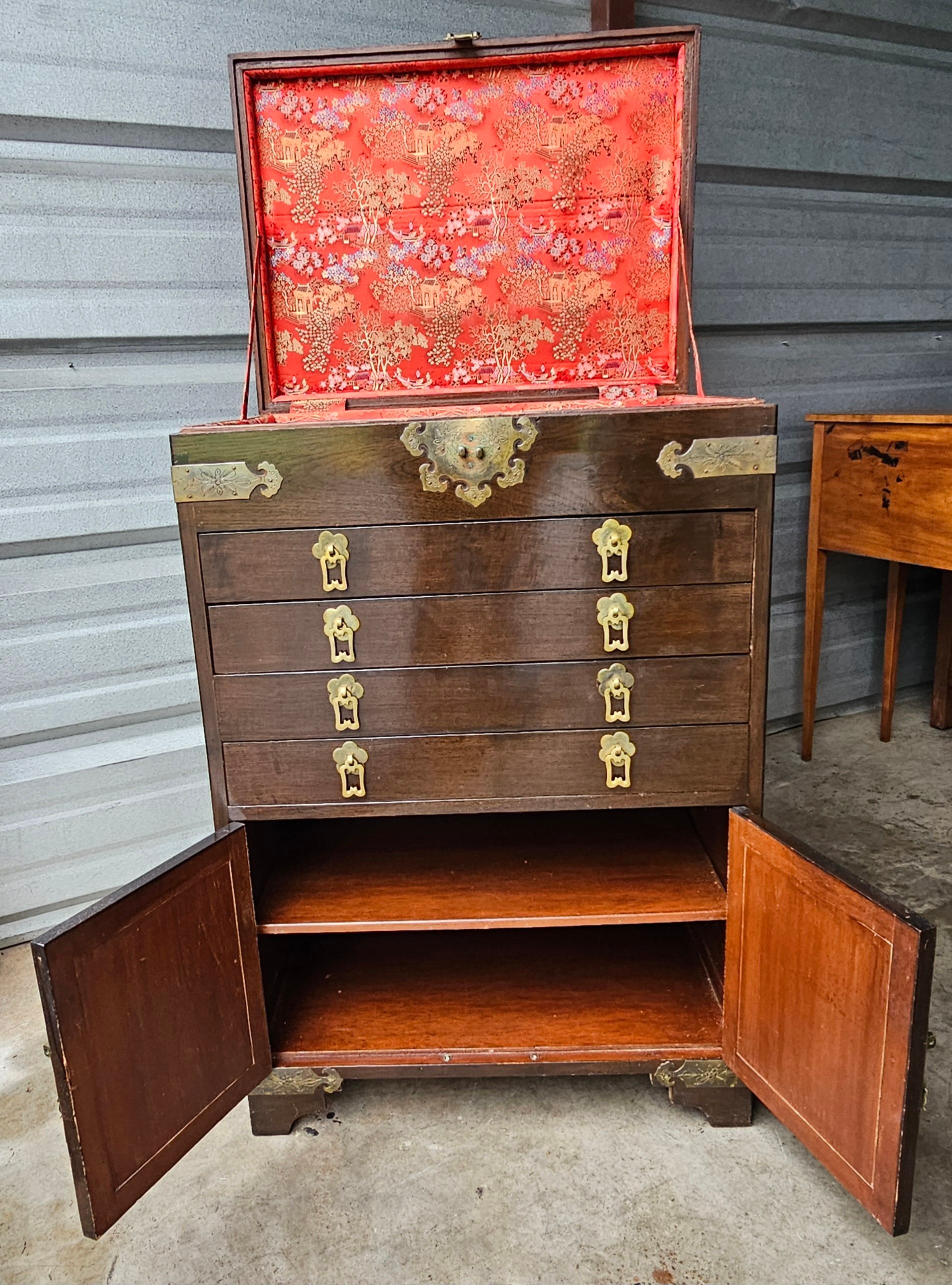 Early 20th Century Chinese Walnut Brass Mounted Hardwood Silver / Jewel Chest For Sale 2