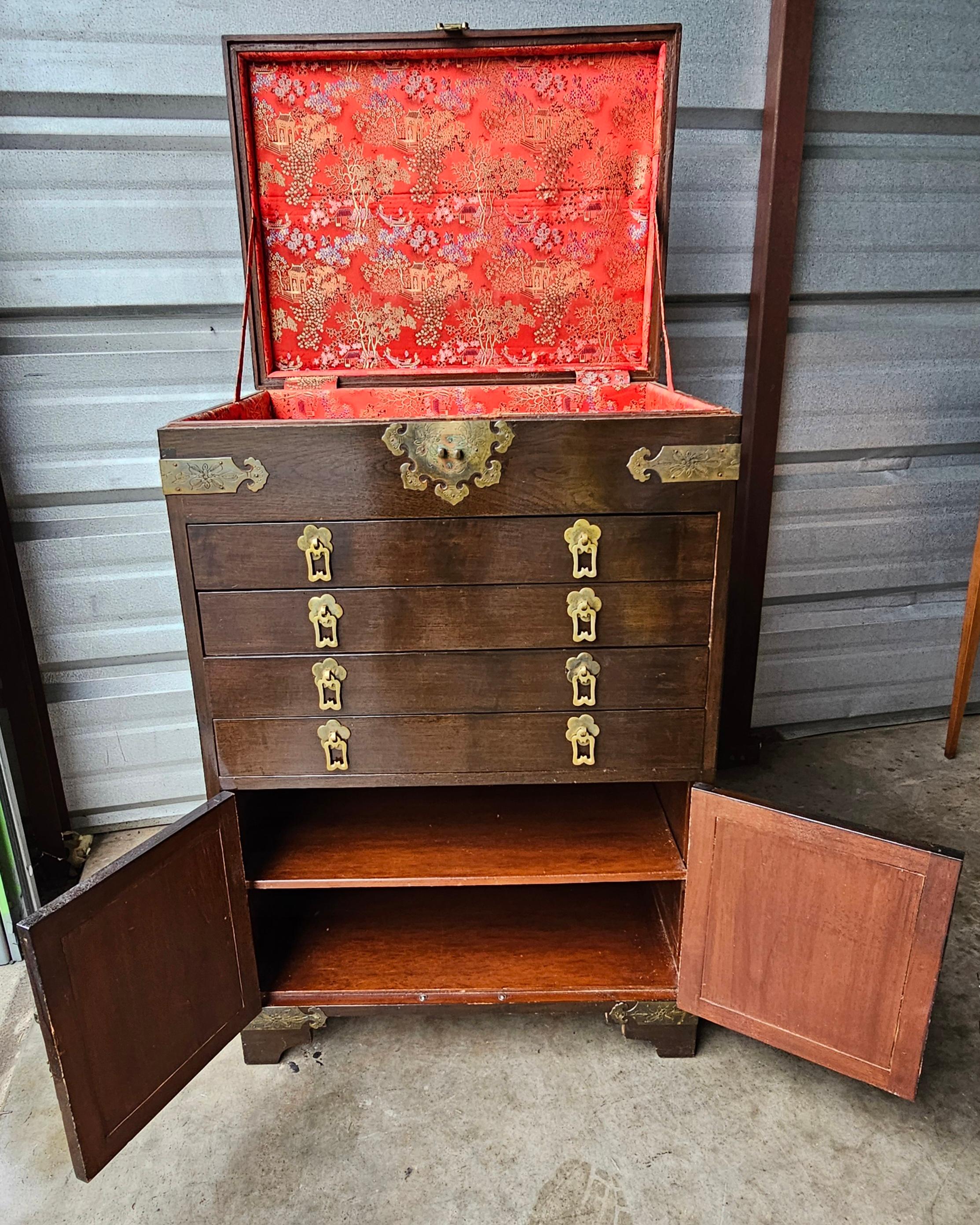 Early 20th Century Chinese Walnut Brass Mounted Hardwood Silver / Jewel Chest For Sale 3