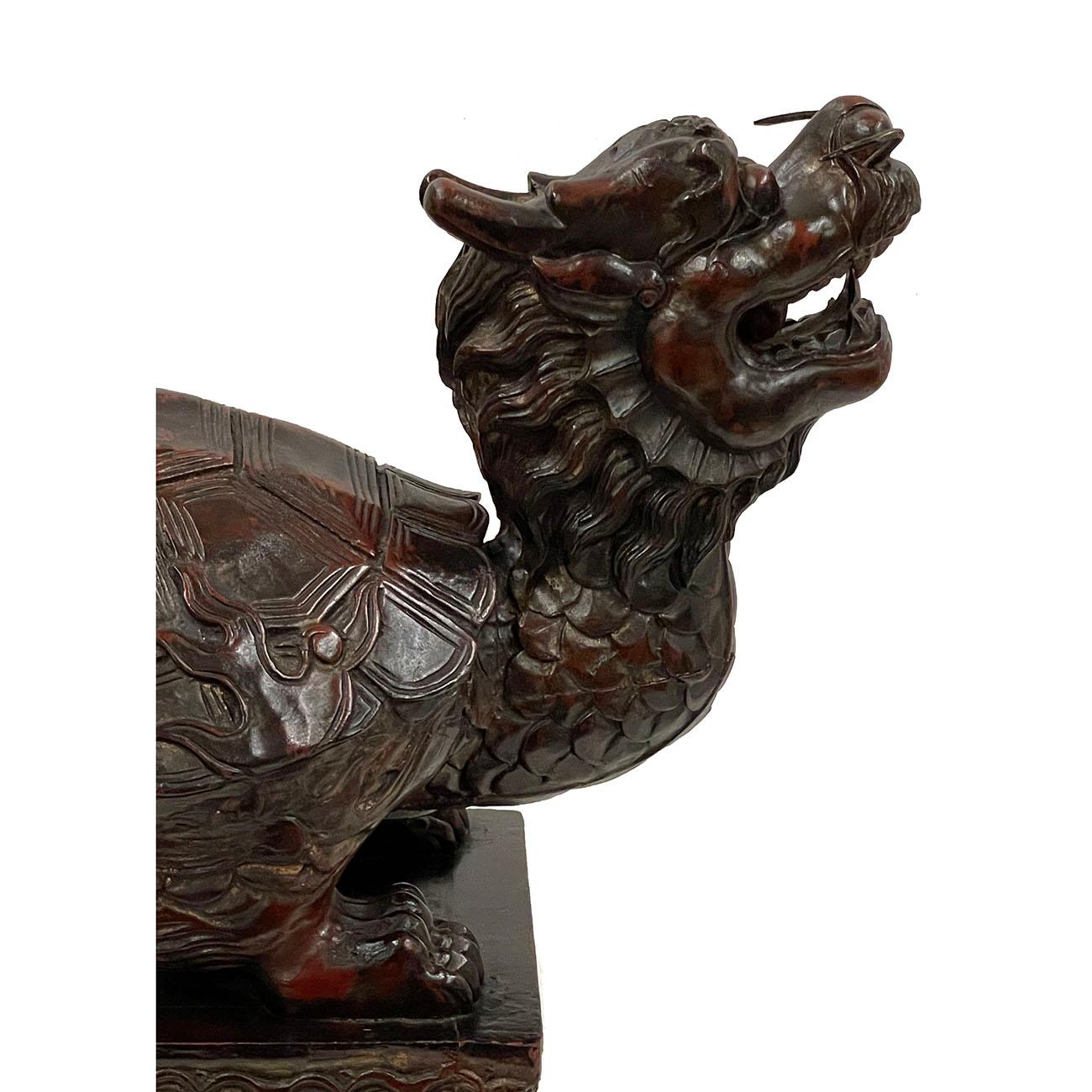 Early 20th Century Chinese Wooden Carved Dragon Turtle Sculpture In Good Condition In Pomona, CA