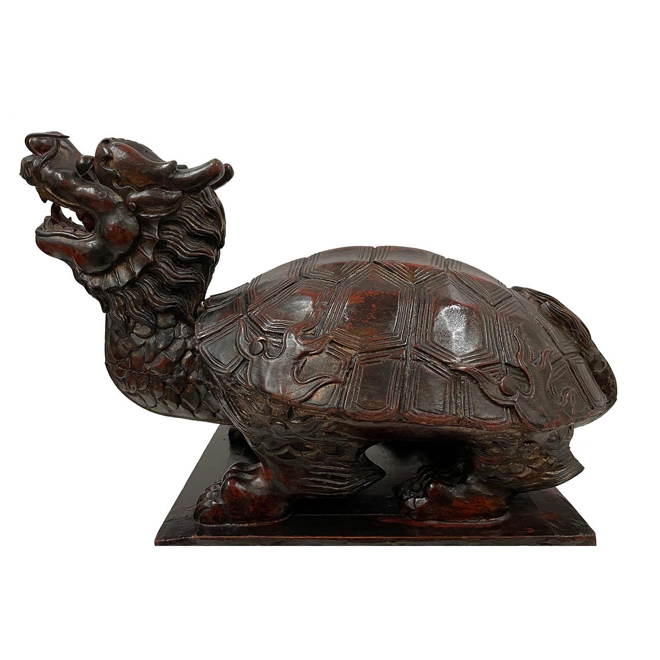Early 20th Century Chinese Wooden Carved Dragon Turtle Sculpture 3