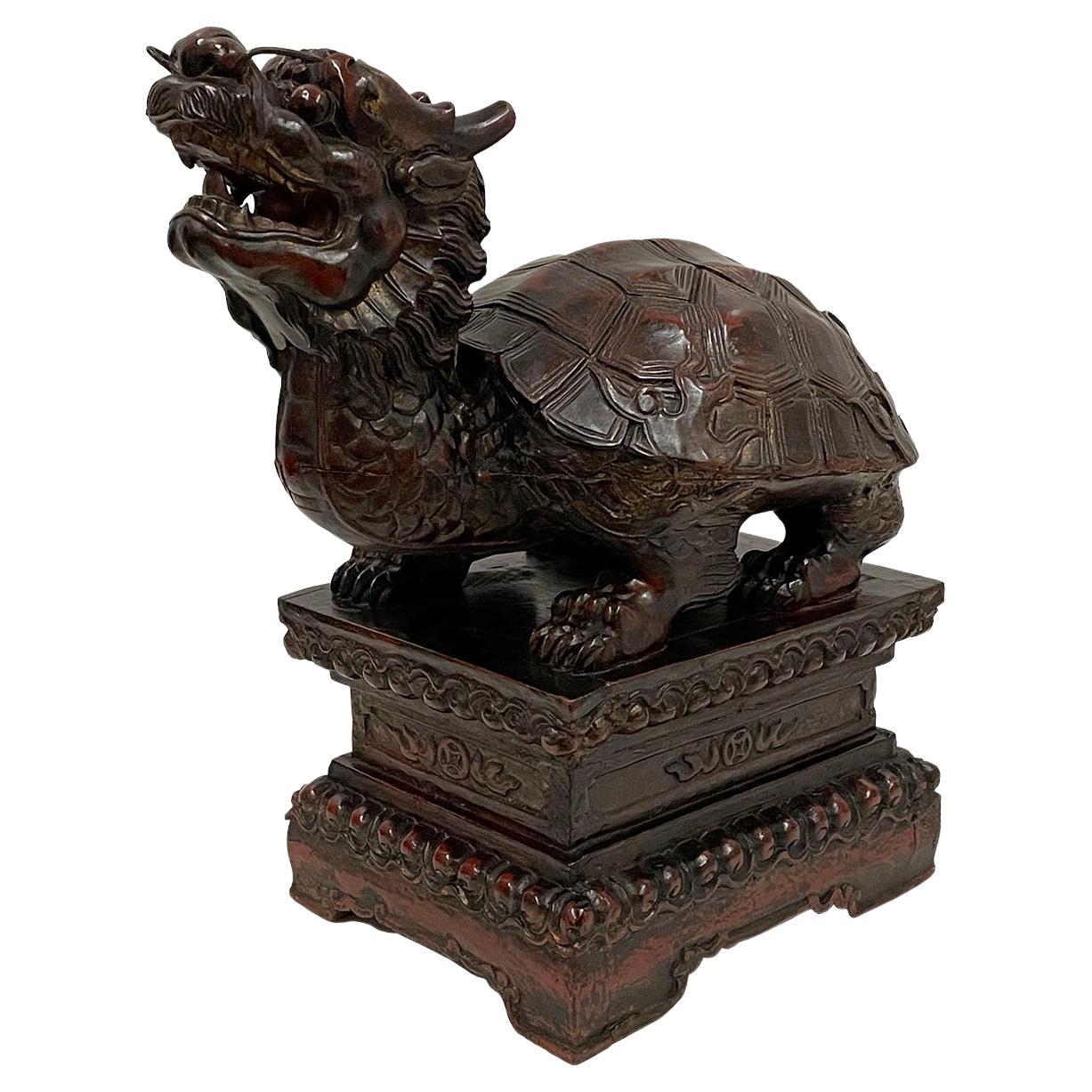 Early 20th Century Chinese Wooden Carved Dragon Turtle Sculpture