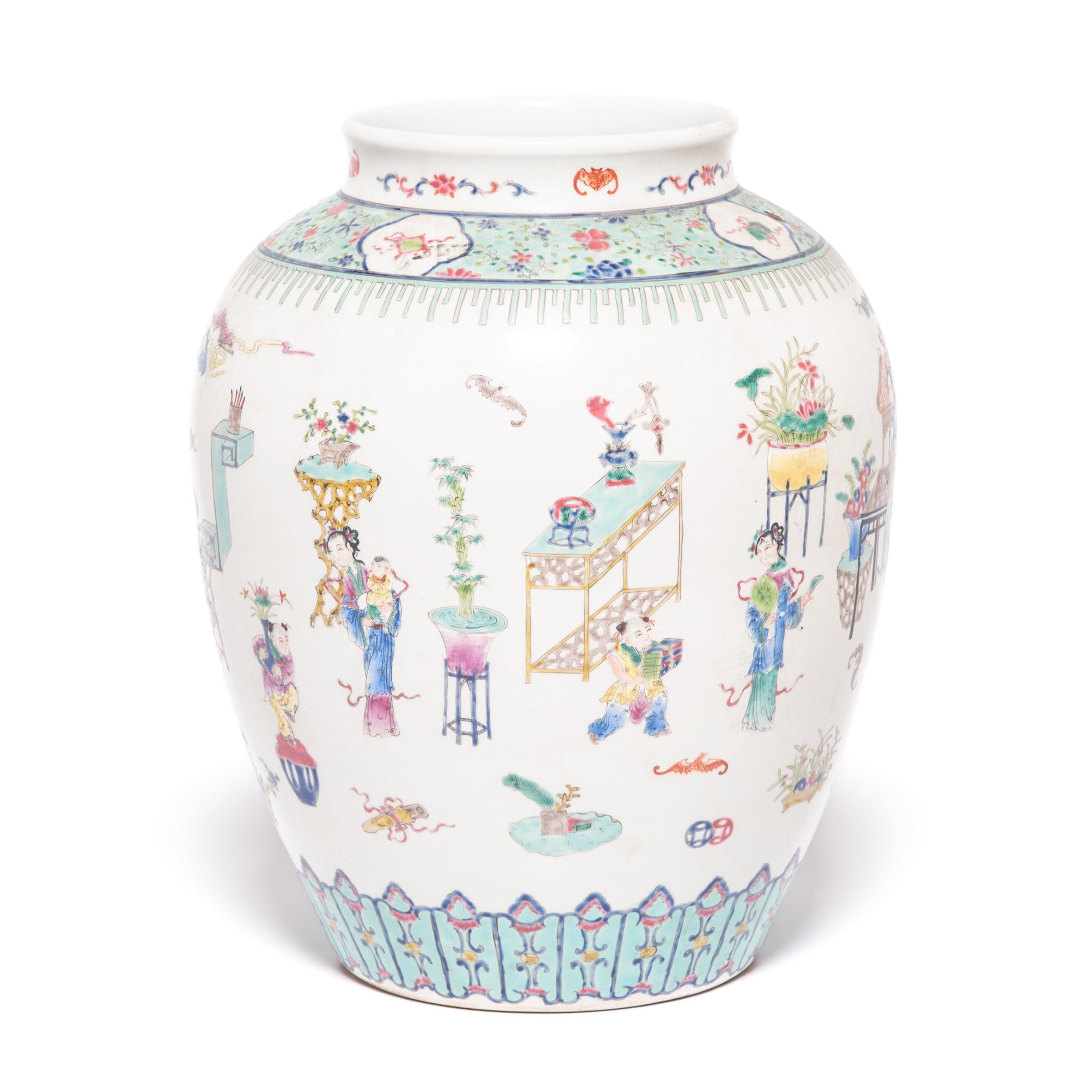 Enameled Chinese Famille Rose Oval Jar, c. 1900 For Sale