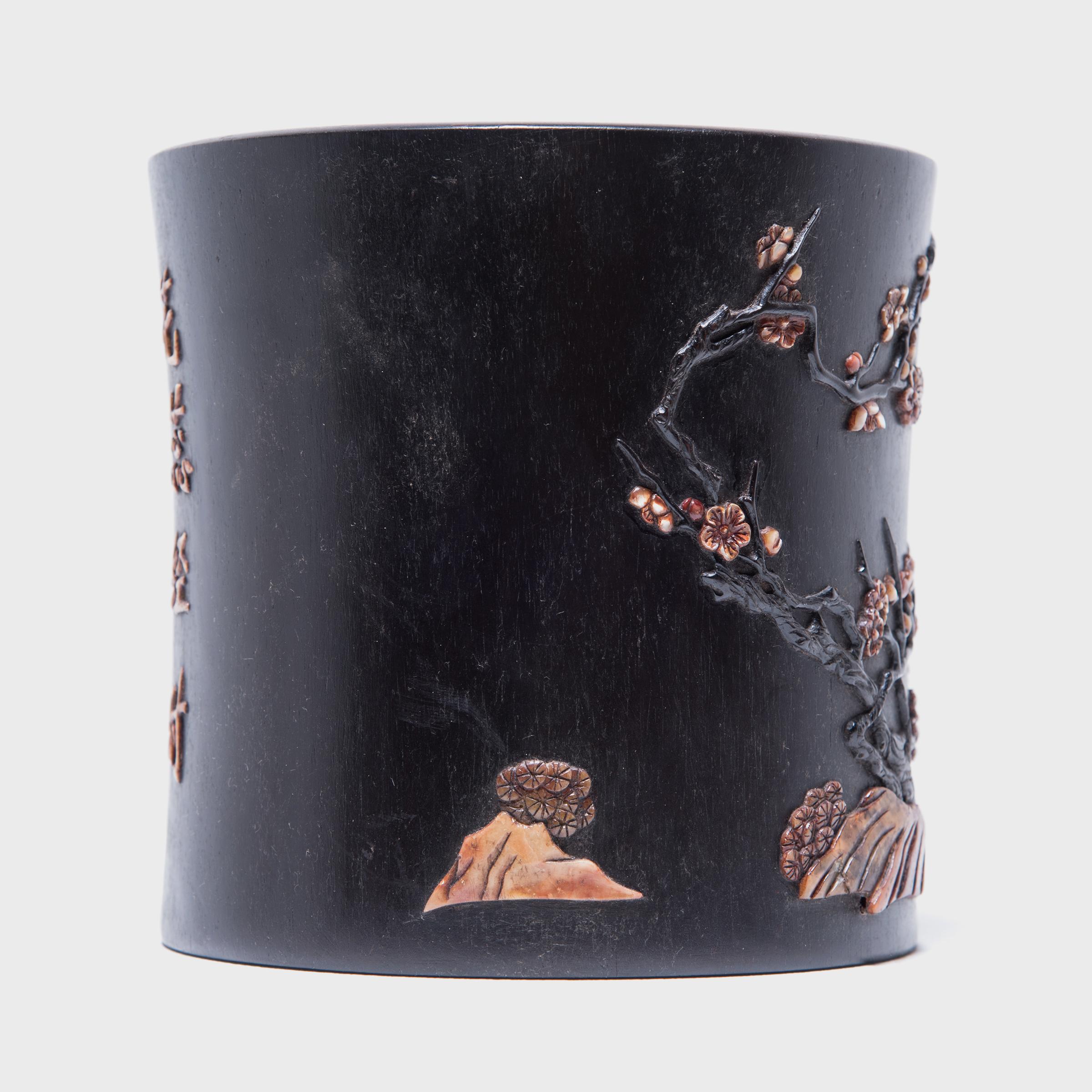 Carved Chinese Zitan Brush Pot with Soapstone Inlay, c. 1900