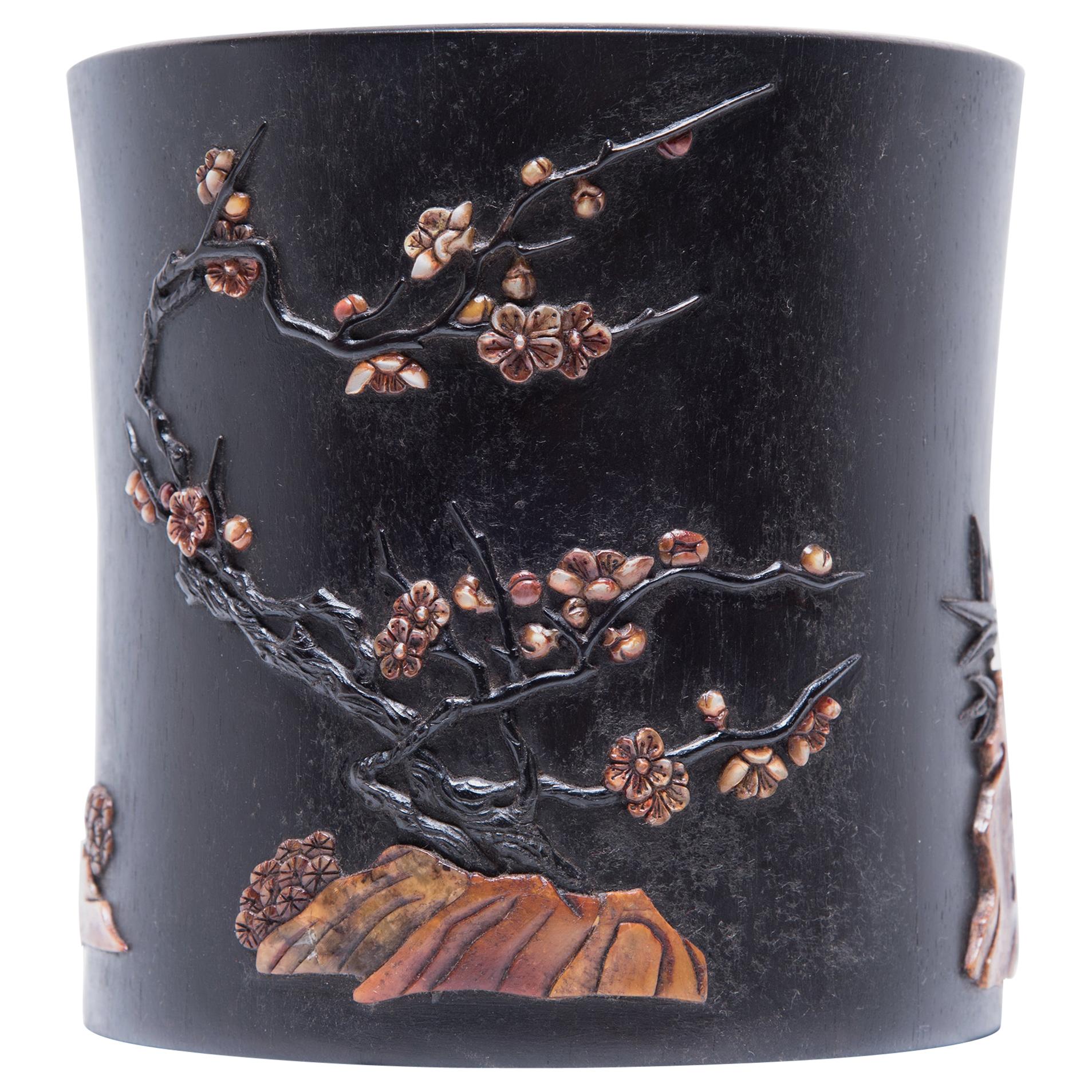 Chinese Zitan Brush Pot with Soapstone Inlay, c. 1900