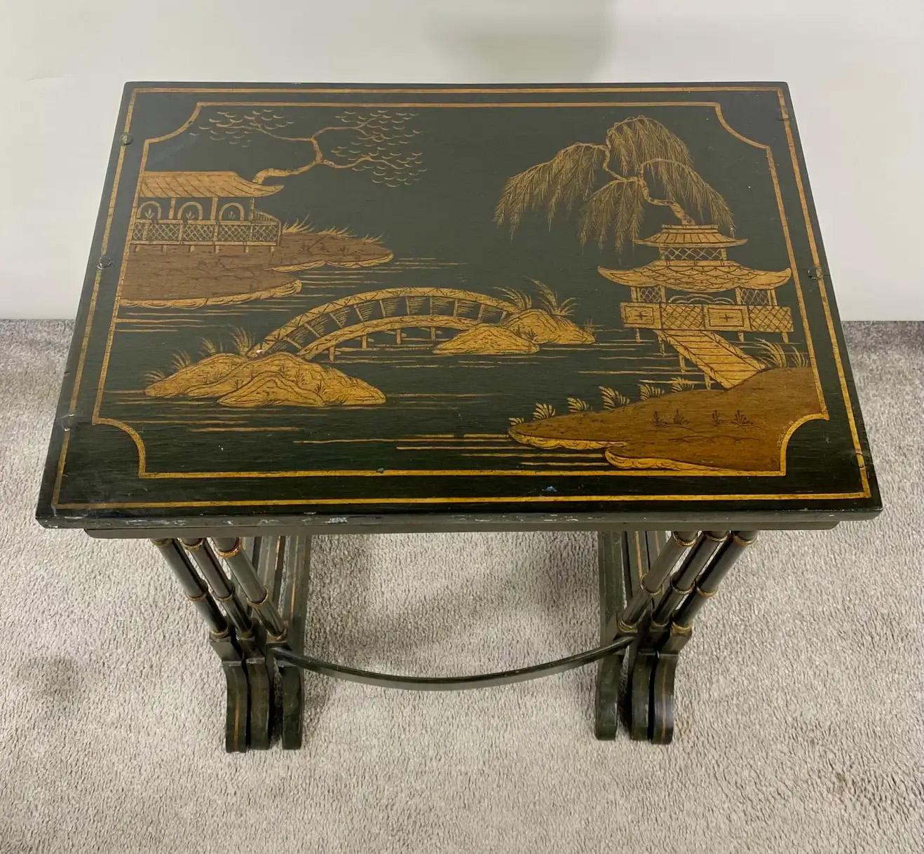 Wood Early 20th Century Chinoiserie Black Lacquered Japanned Nesting Tables, Set of 3 For Sale