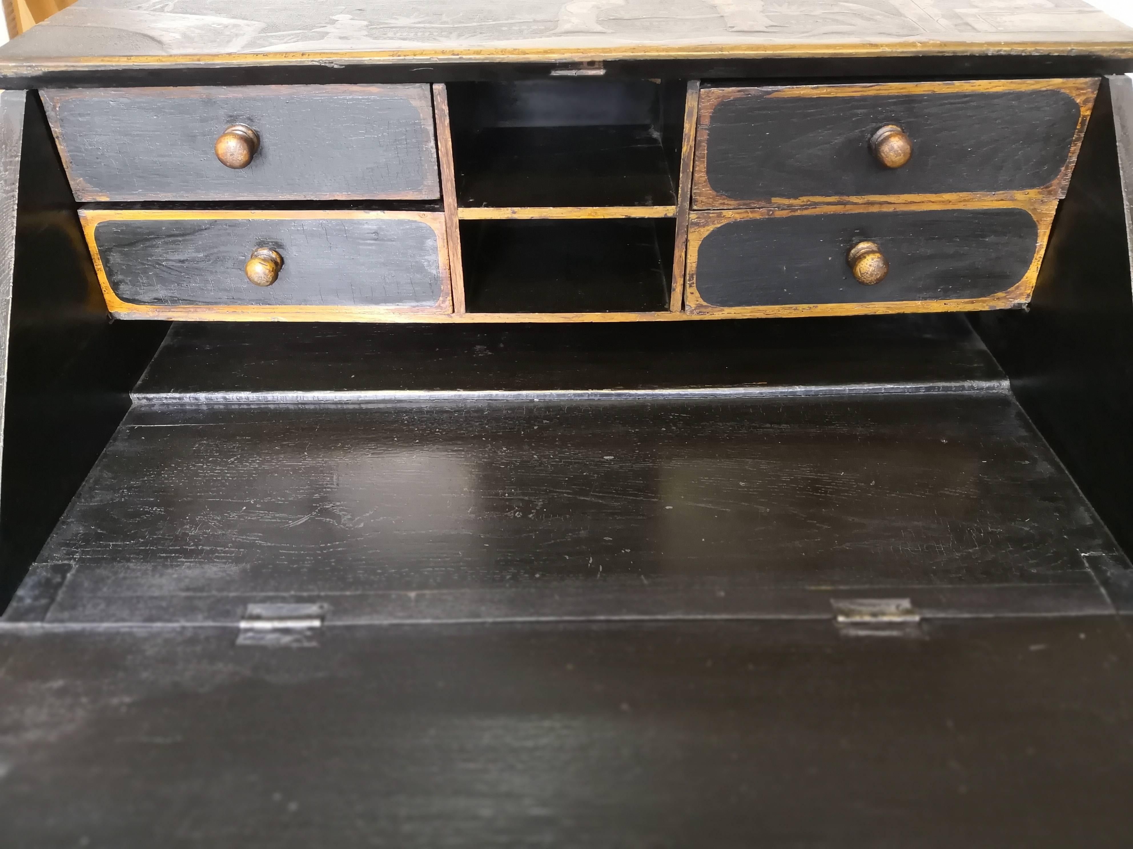 Carved Early 20th Century Chinoiserie Decorated Bureau in Black Wood
