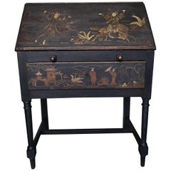 Early 20th Century Chinoiserie Decorated Bureau in Black Wood