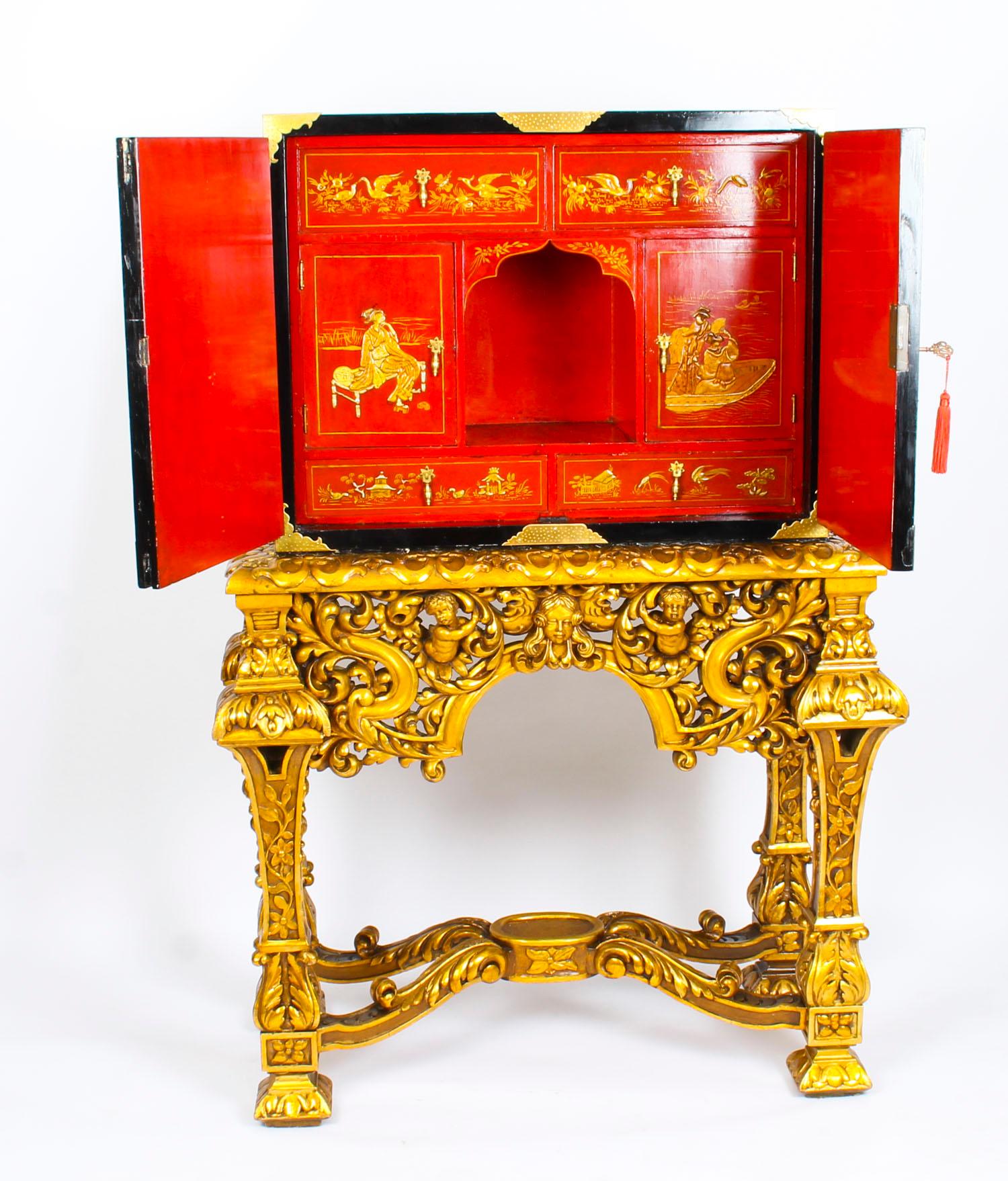 Early 20th Century Chinoiserie Lacquer Cabinet Giltwood Stand Fitted Interior 11