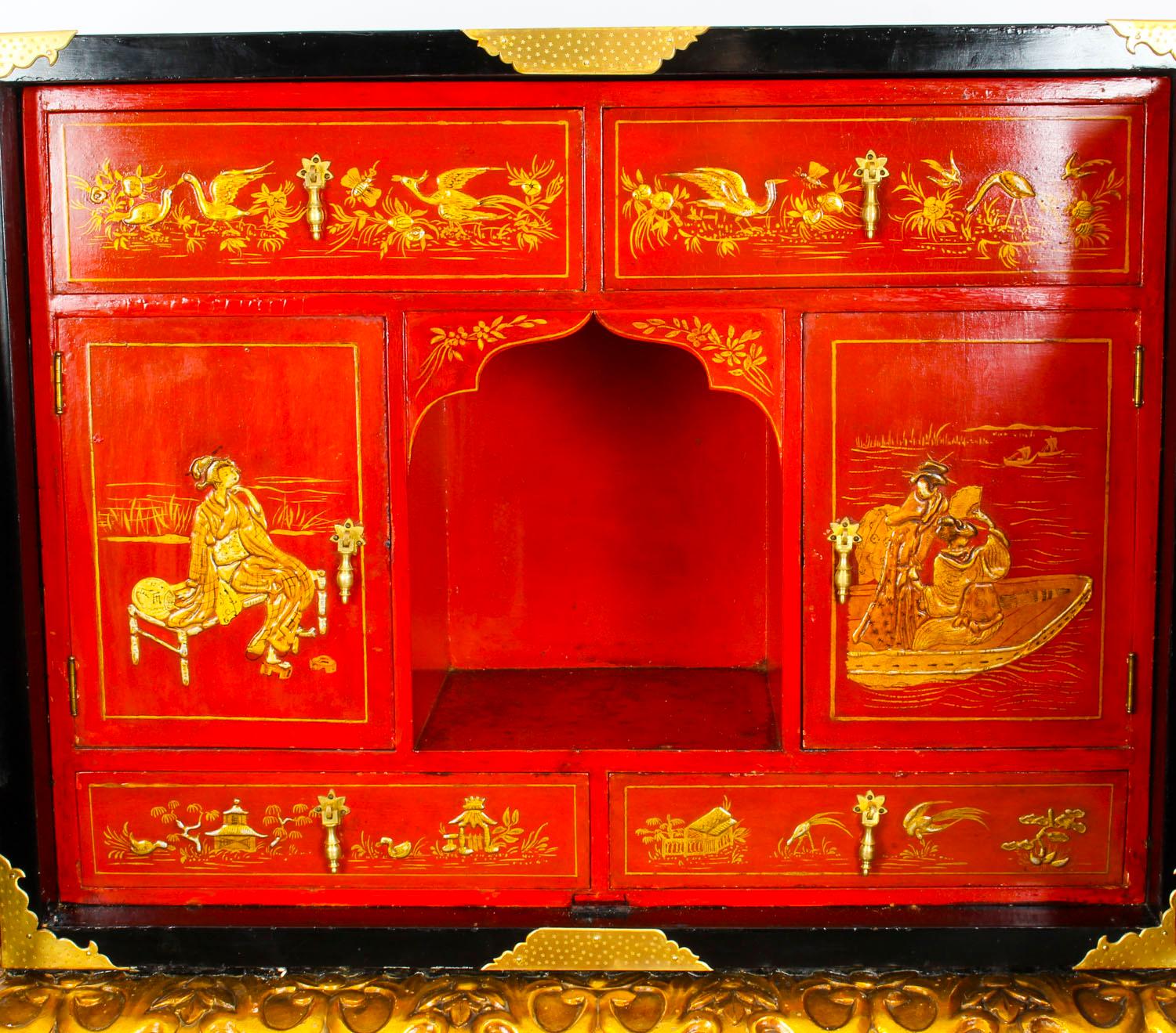 Early 20th Century Chinoiserie Lacquer Cabinet Giltwood Stand Fitted Interior 12