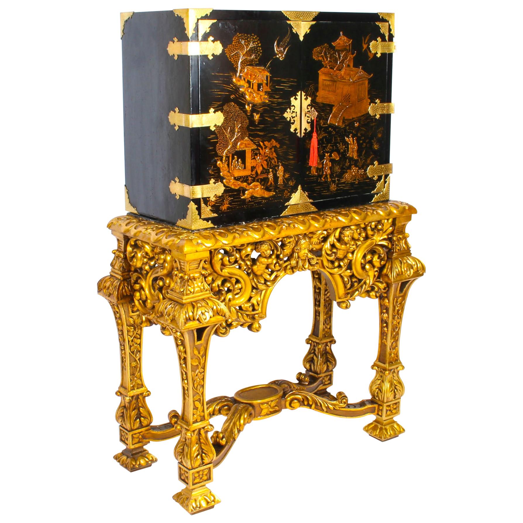 Early 20th Century Chinoiserie Lacquer Cabinet Giltwood Stand Fitted Interior