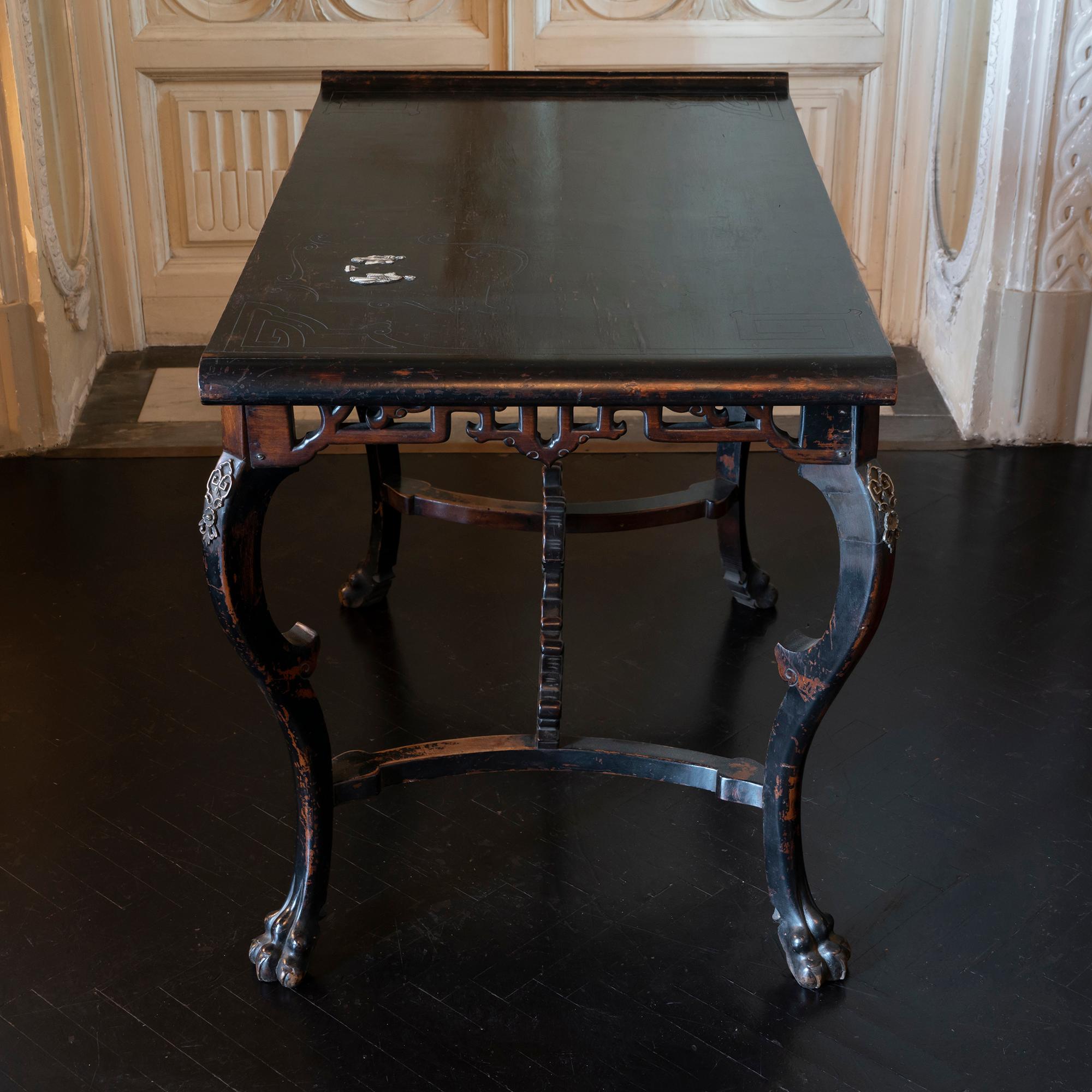 Chinese Early 20th Century Chinoiserie Lacquered Desk / Console with Ivory Details