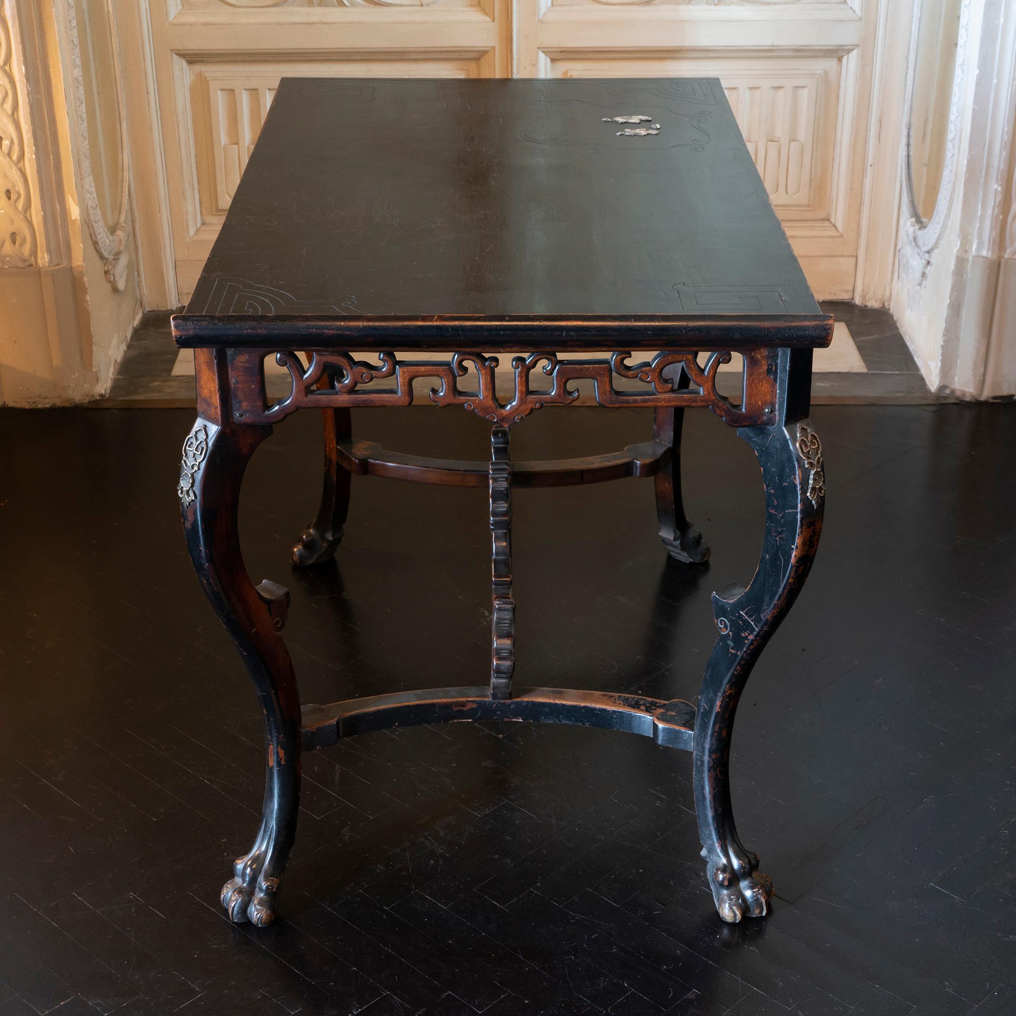 Wood Early 20th Century Chinoiserie Lacquered Desk / Console with Ivory Details