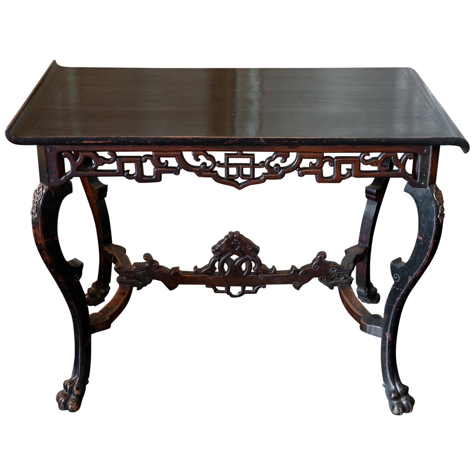 Early 20th Century Chinoiserie Lacquered Desk / Console with Ivory Details