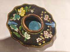 Early 20th Century Chinoiserie Style Ceramic and Glass on Brass Chinese Ashtray