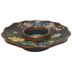 Early 20th Century Chinoiserie Style Ceramic and Glass on Brass Chinese Ashtray