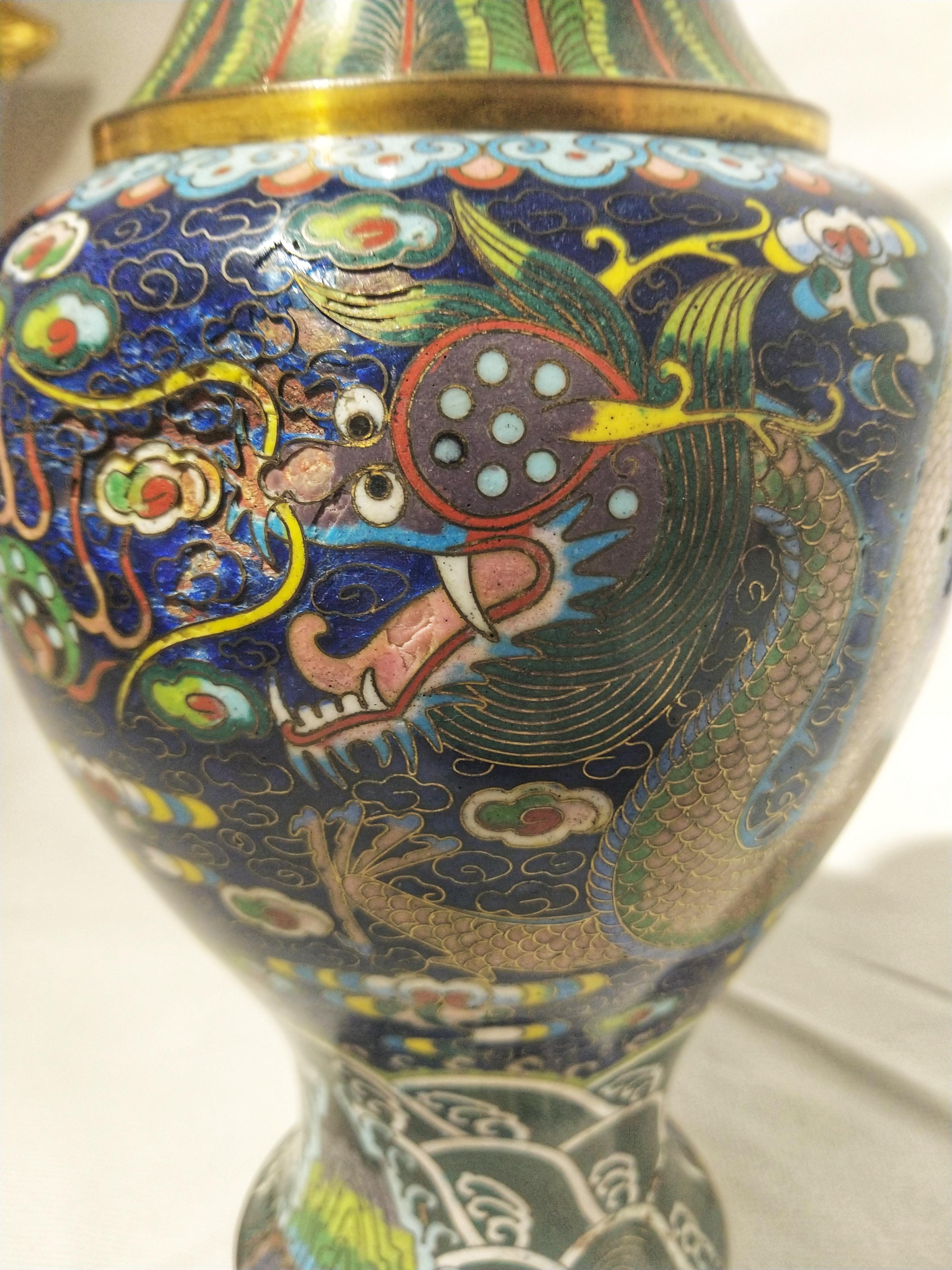 Chinoiserie Early 20th Century Chinoserie Style Ceramic and Glass on Brass Chinese Vase For Sale