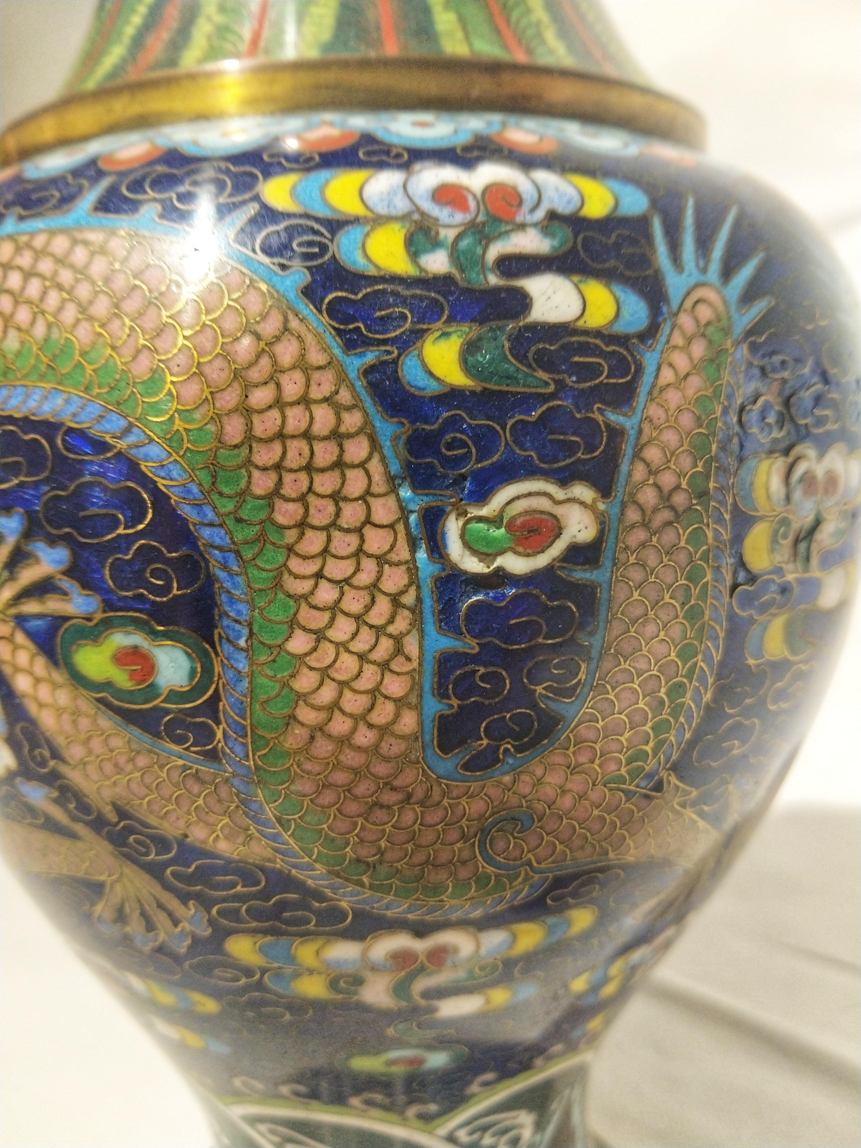 Carved Early 20th Century Chinoserie Style Ceramic and Glass on Brass Chinese Vase For Sale
