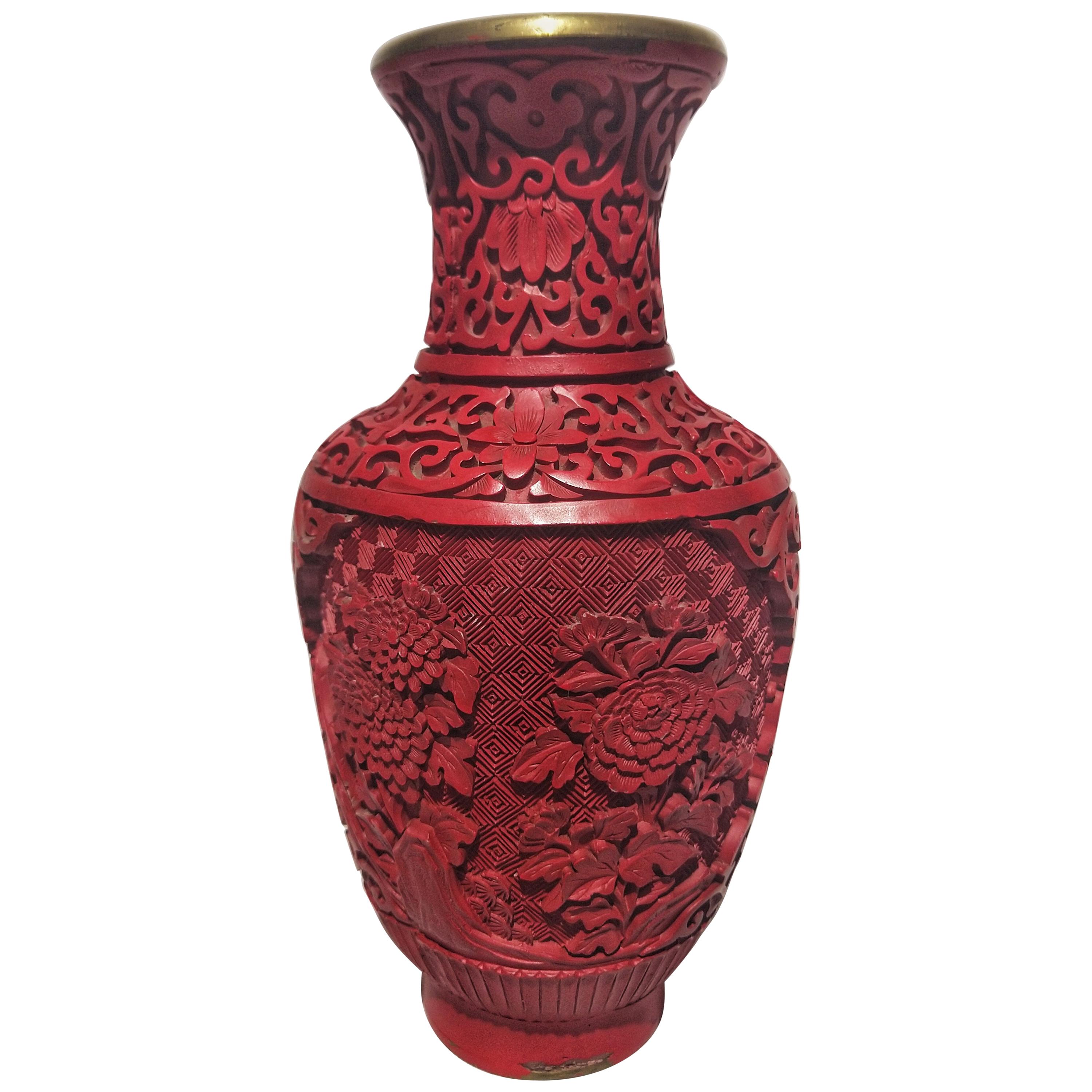 Early 20th Century Chinoiserie Style Cinnabar on Brass Vase For Sale