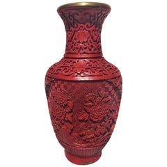 Early 20th Century Chinoiserie Style Cinnabar on Brass Vase