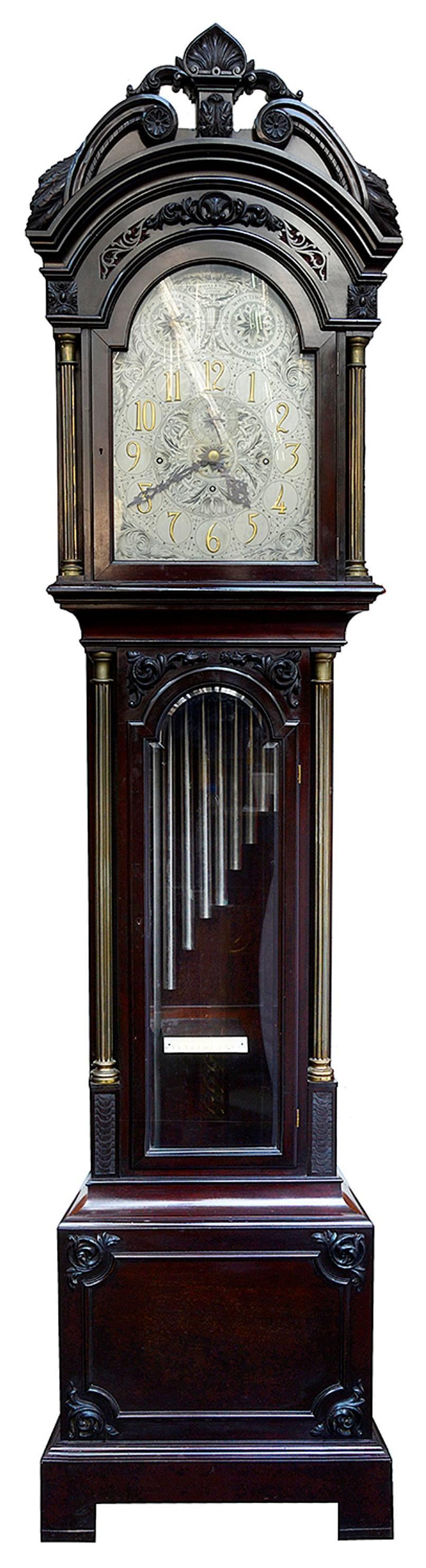 A very good quality early 20th century Chippendale revival mahogany musical longcase clock.
Makers name; Donne and Son, Cornhill, London
The eight day striking movement with Whittington and Westminster chimes on tubes. Silvered arch dial with