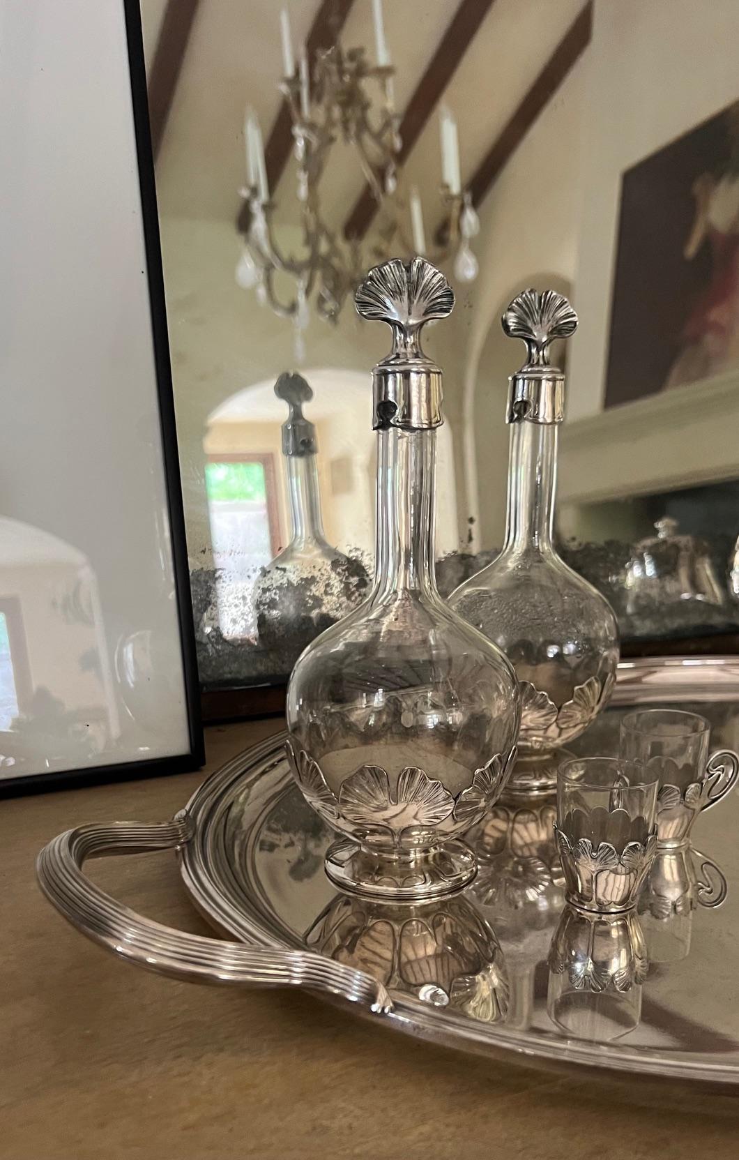 Silver Plate Early 20th Century Christofle Art Nouveau Decanter and Glass Set of 8 For Sale