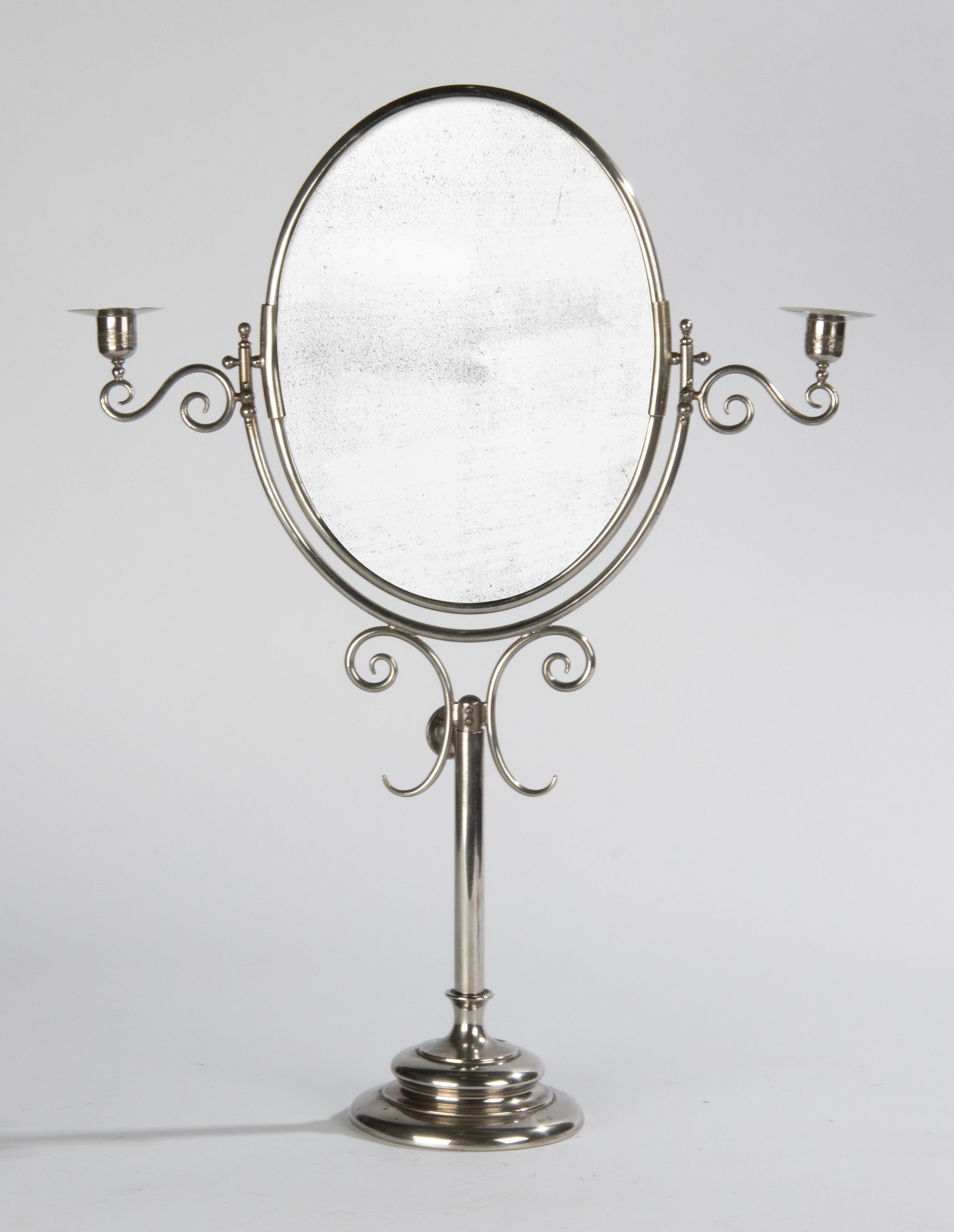Louis XVI Early 20th Century Chrome Plated Table Vanity Mirrir Casndlesticks For Sale