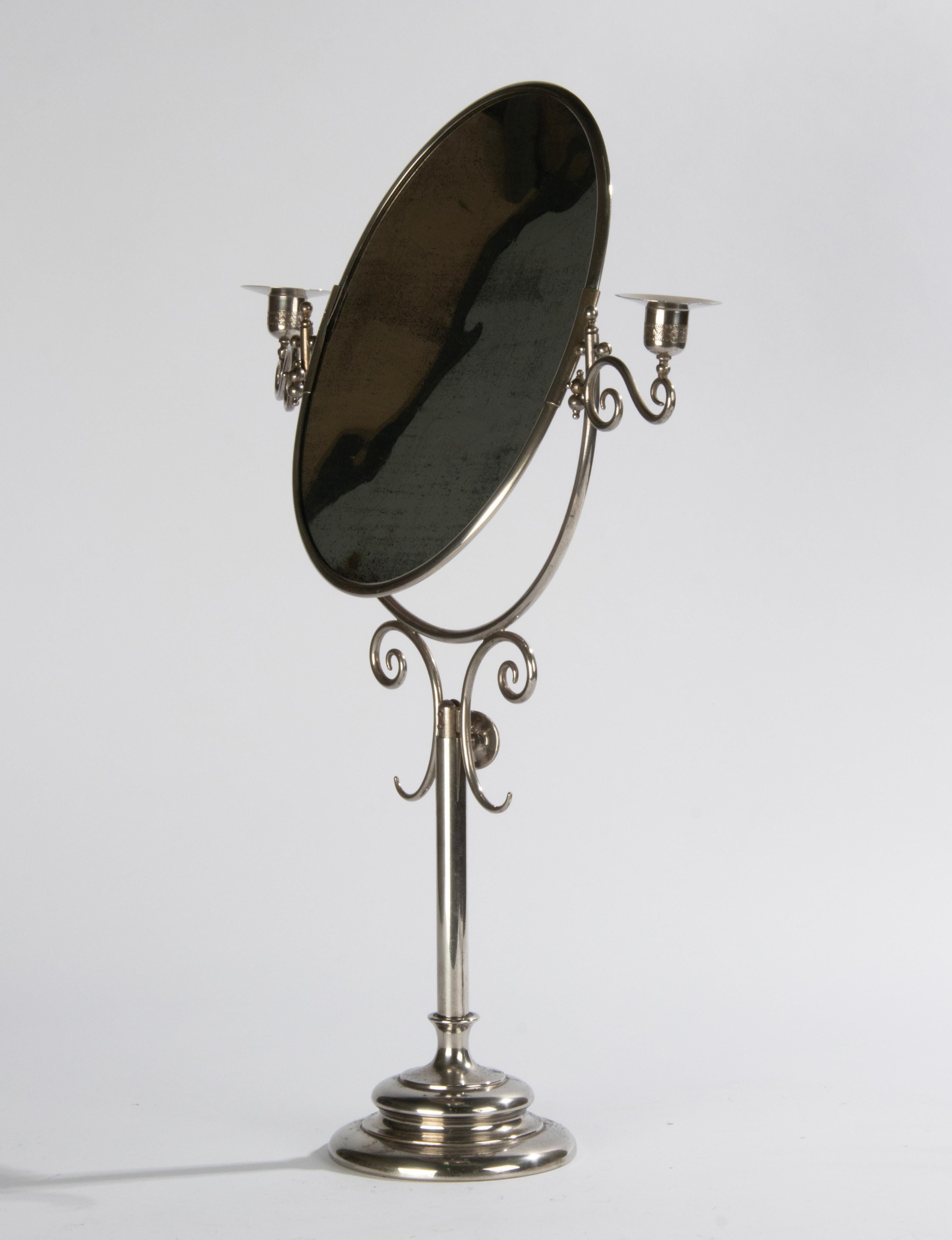 Early 20th Century Chrome Plated Table Vanity Mirrir Casndlesticks In Good Condition For Sale In Casteren, Noord-Brabant