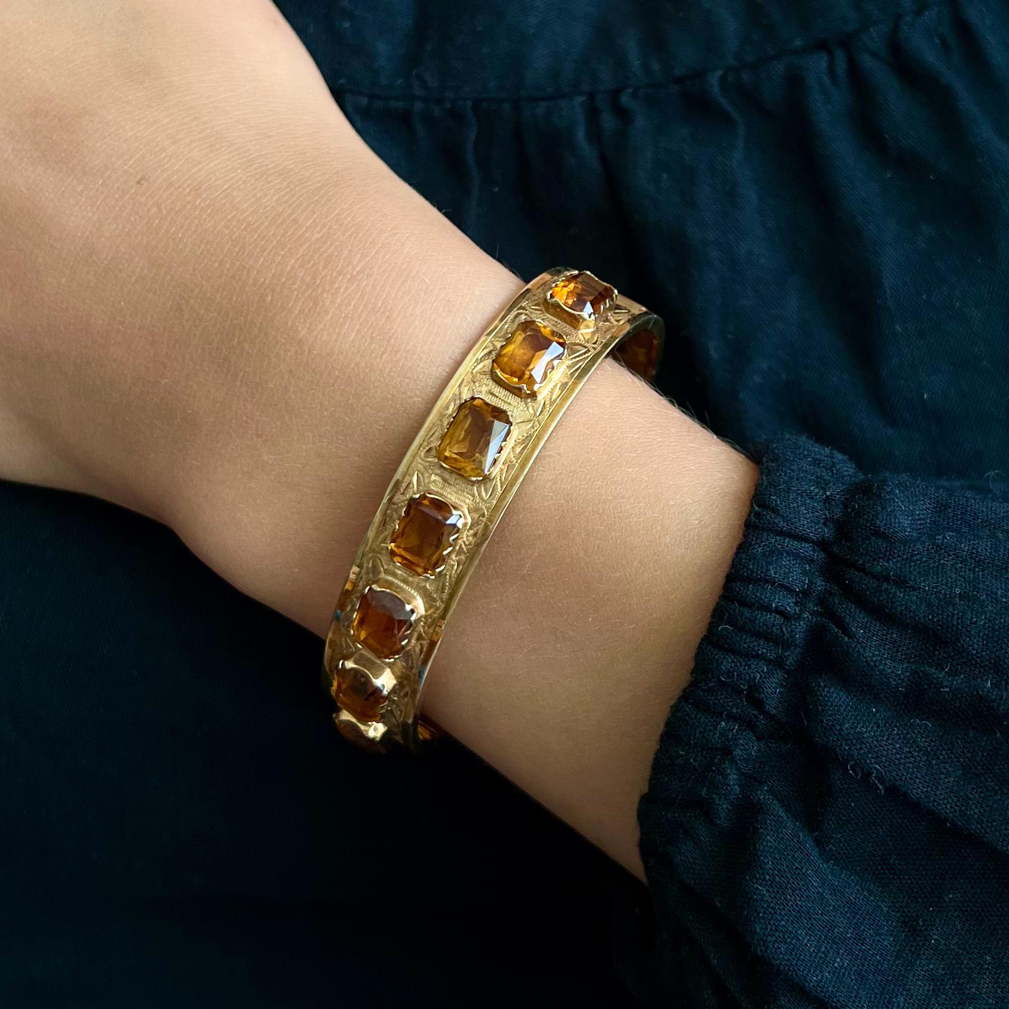 Antike 14 Karat Gold Honey Citrin Steine Armreif Armband (Kissenschliff) im Angebot