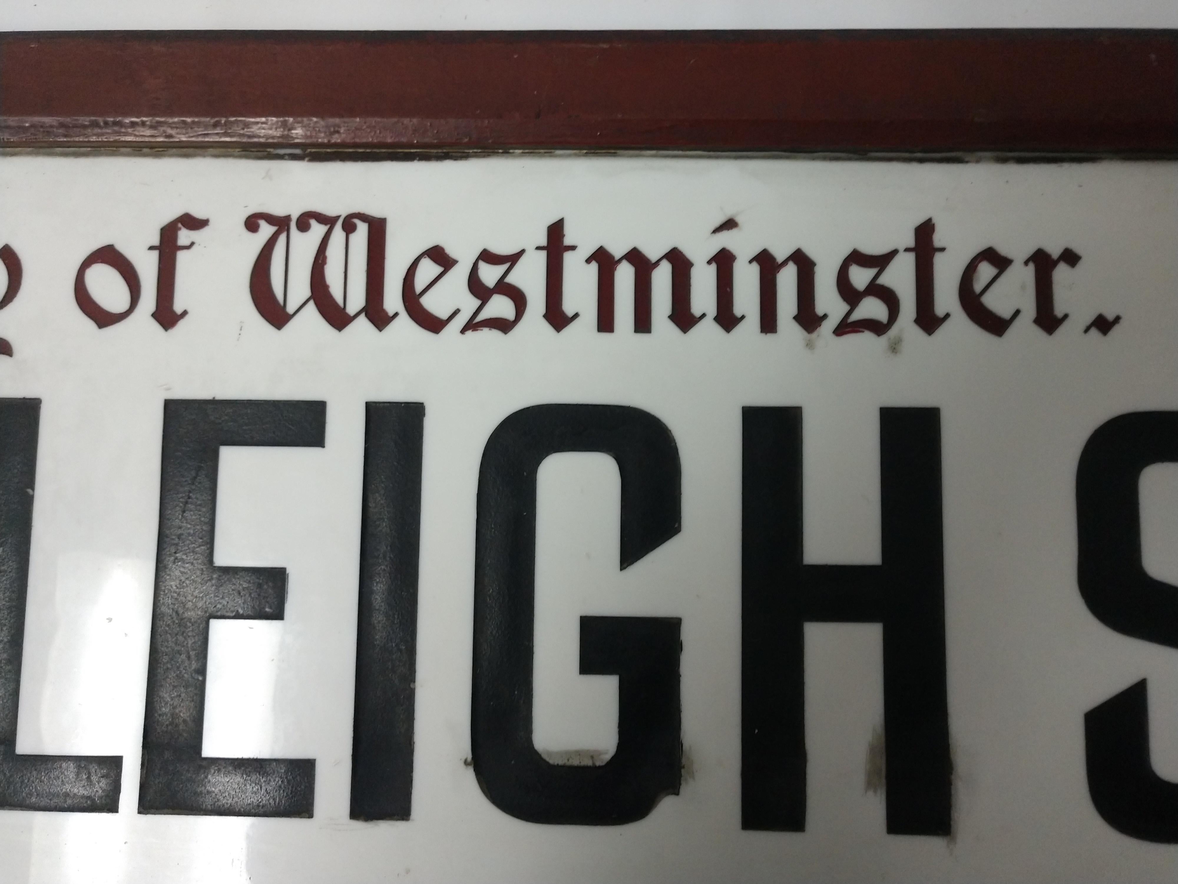 Etched Early 20th Century City of Westminster London Antique Milk Glass Street Sign For Sale