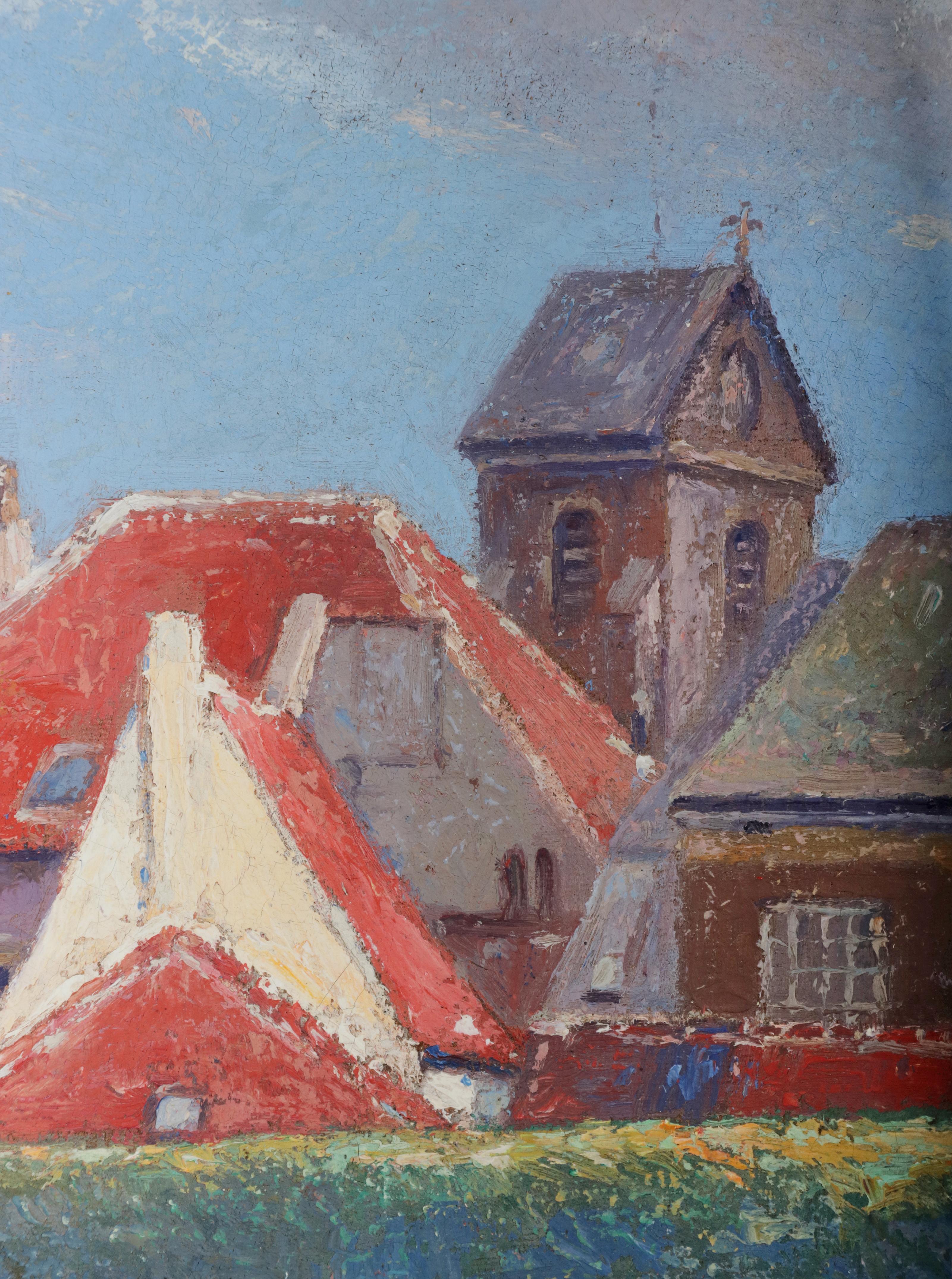 Peinture à l'huile «illo » de Adrien Paul Duerinckx représentant une vue de la ville, début du 20e siècle en vente 5